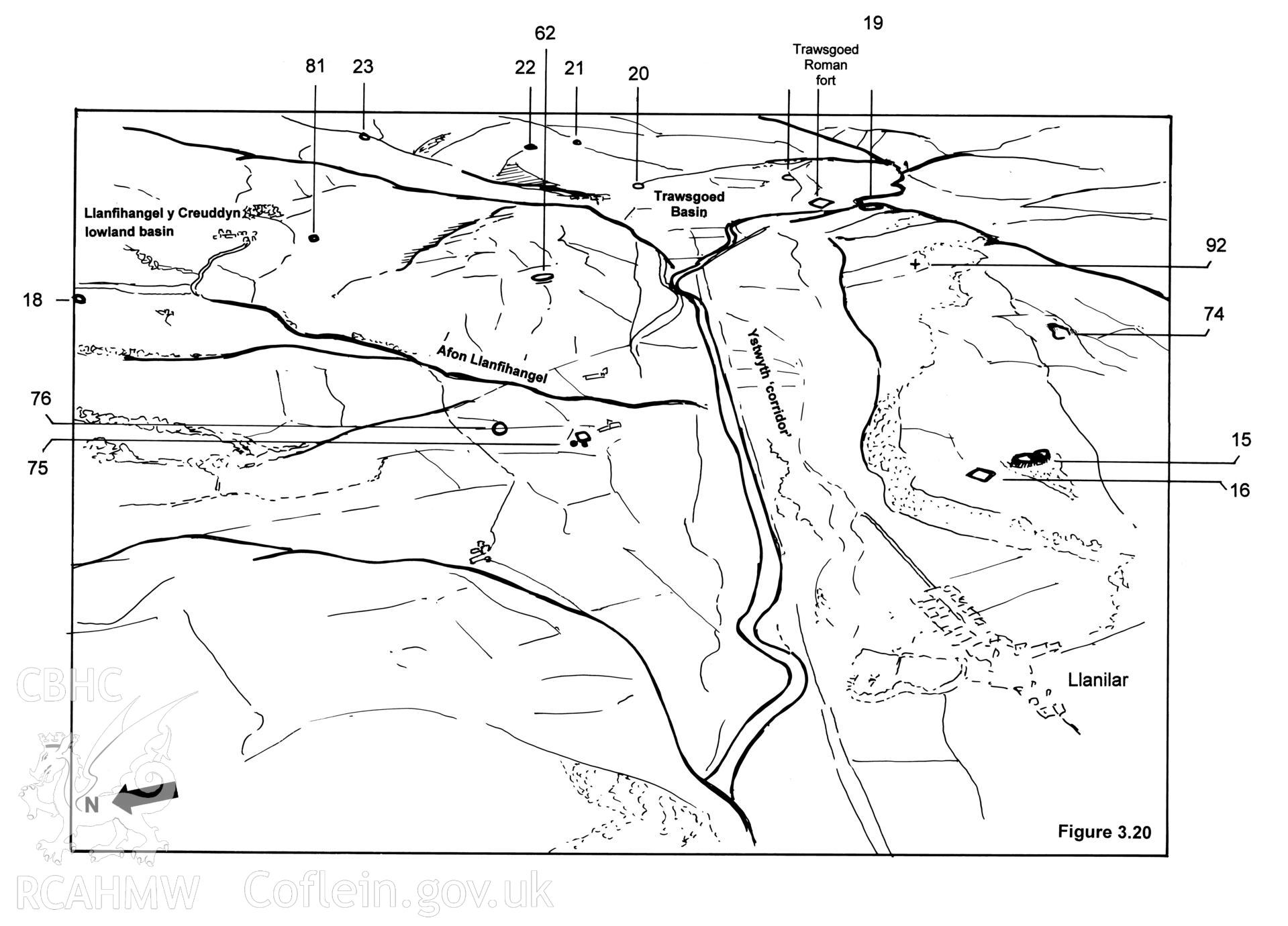Digital copy of a pen and ink drawing of a view down the Ystwyth corridor, showing the position of Trawsgoed Roman Fort and surrounding sites, produced as part of a PHD thesis entitled "The Hillforts of North Ceredigion: Architecture, Landscape Approaches and Cultural Contexts", by Toby Driver, 2005. Originals not yet deposited in NMR Archive.