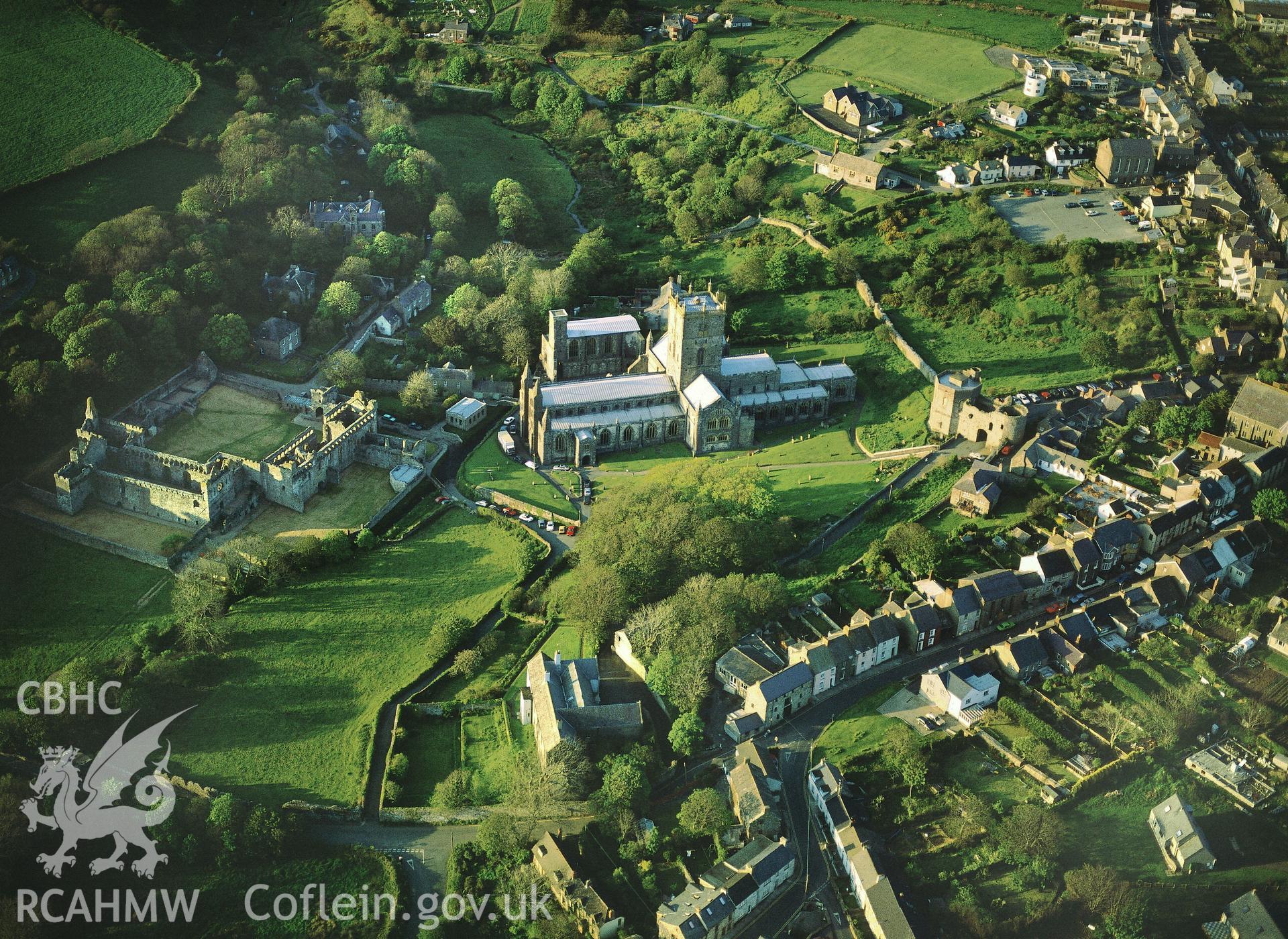 RCAHMW colour oblique aerial photograph of St David's Cathedral, taken by C R Musson, 1989.