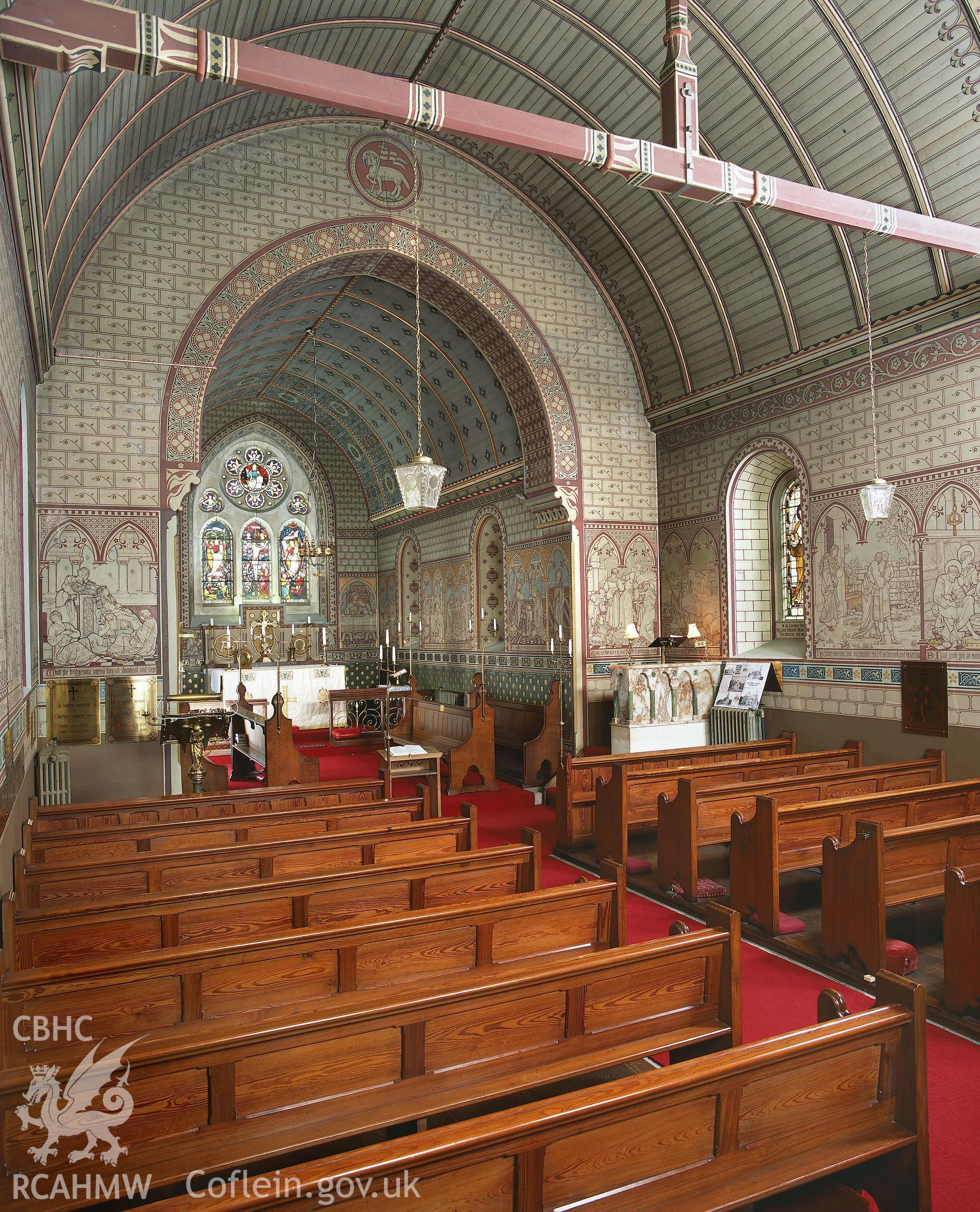 RCAHMW colour transparency of an interior view of Holy Trinity Church, Llanegwad.