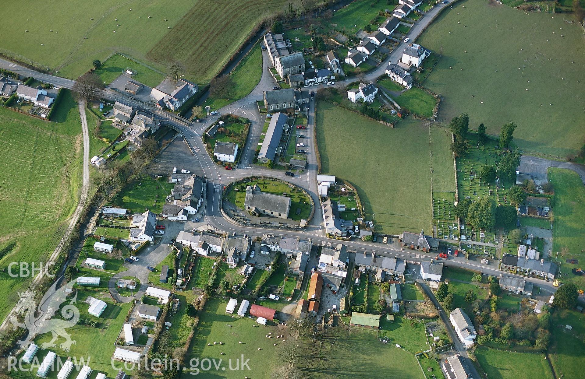 Slide of RCAHMW colour oblique aerial photograph of Pennal, taken by T.G. Driver, 17/3/1999.