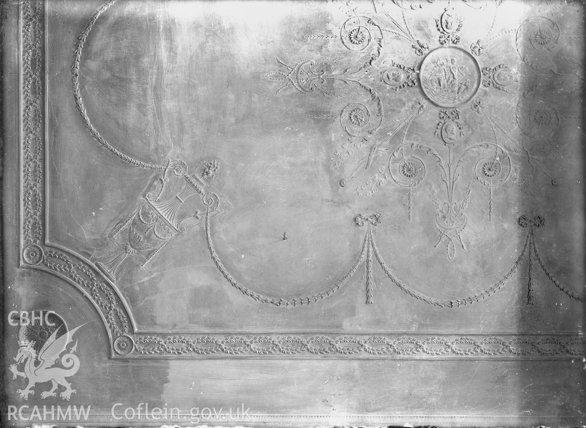 Black and white glass negative showing decorative plasterwork on the ceiling of unidentified house.