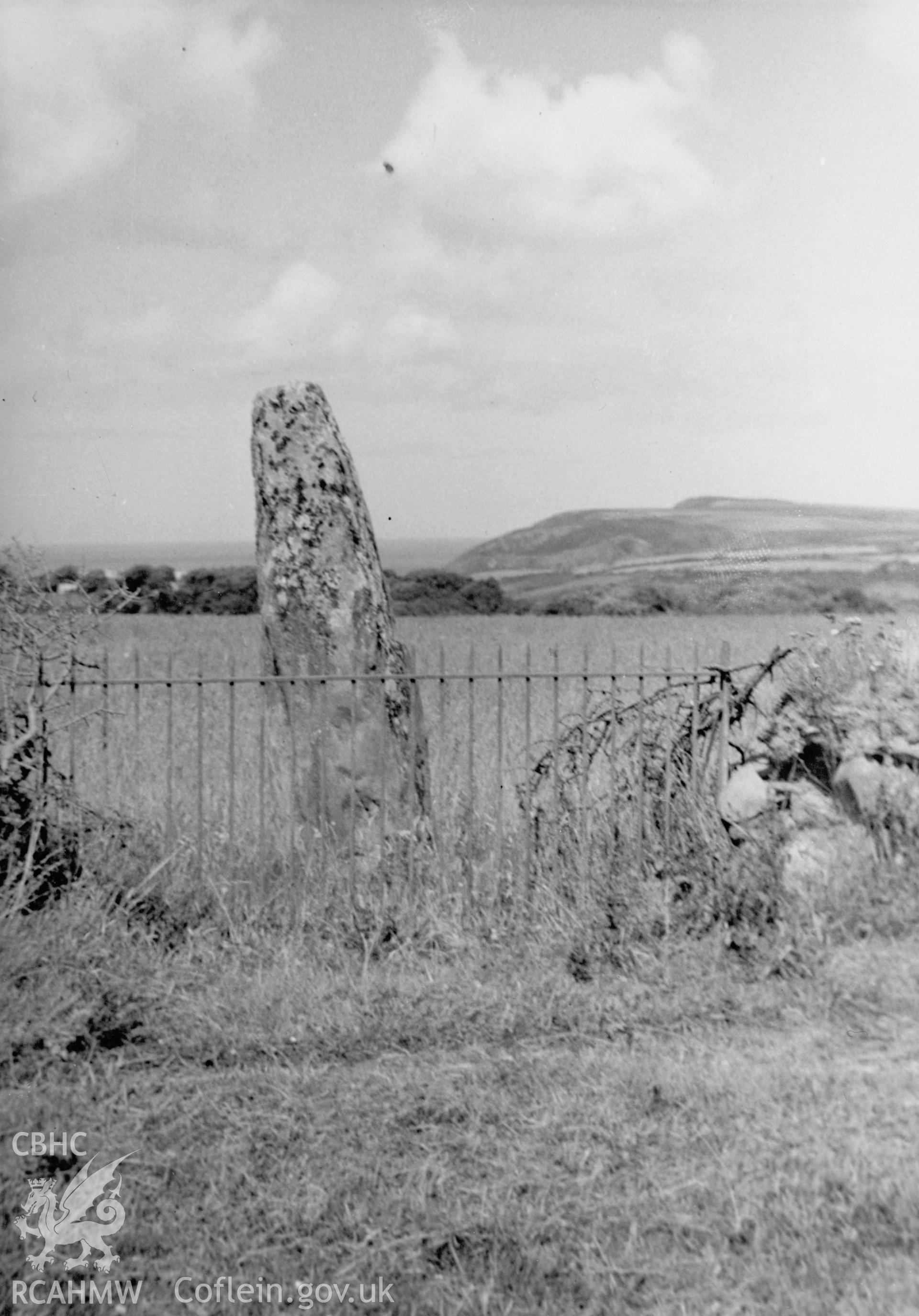 View of Ty Meini Standing Stone in its surroundings.  Dated 1st August 1950.