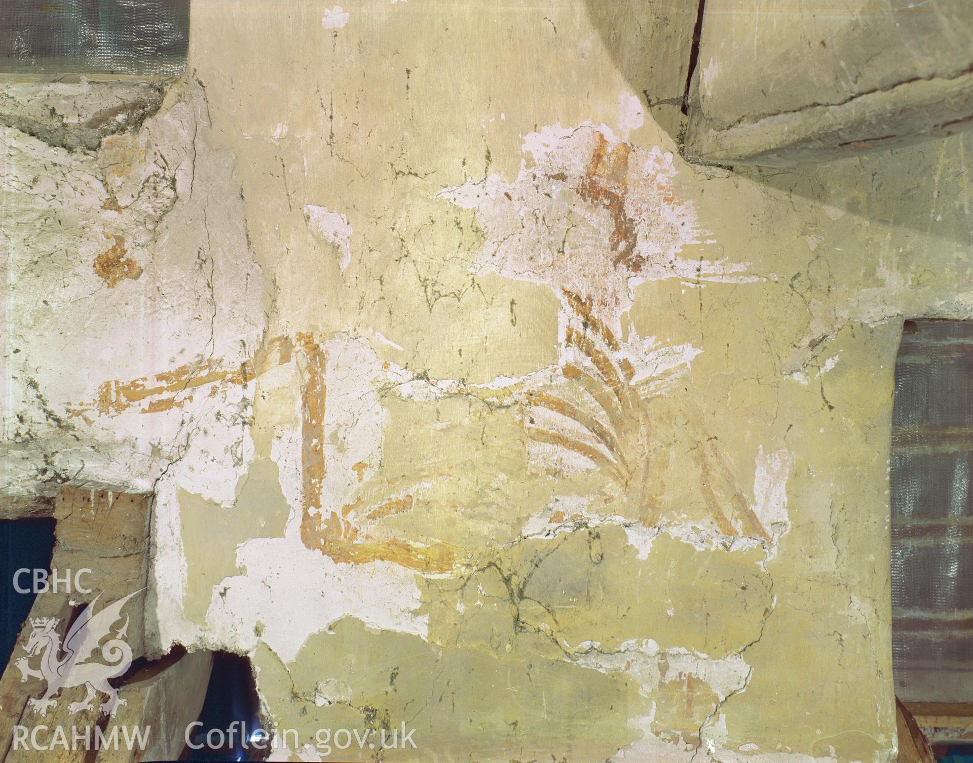 Colour negative showing decoration at  Old Llangors Church.