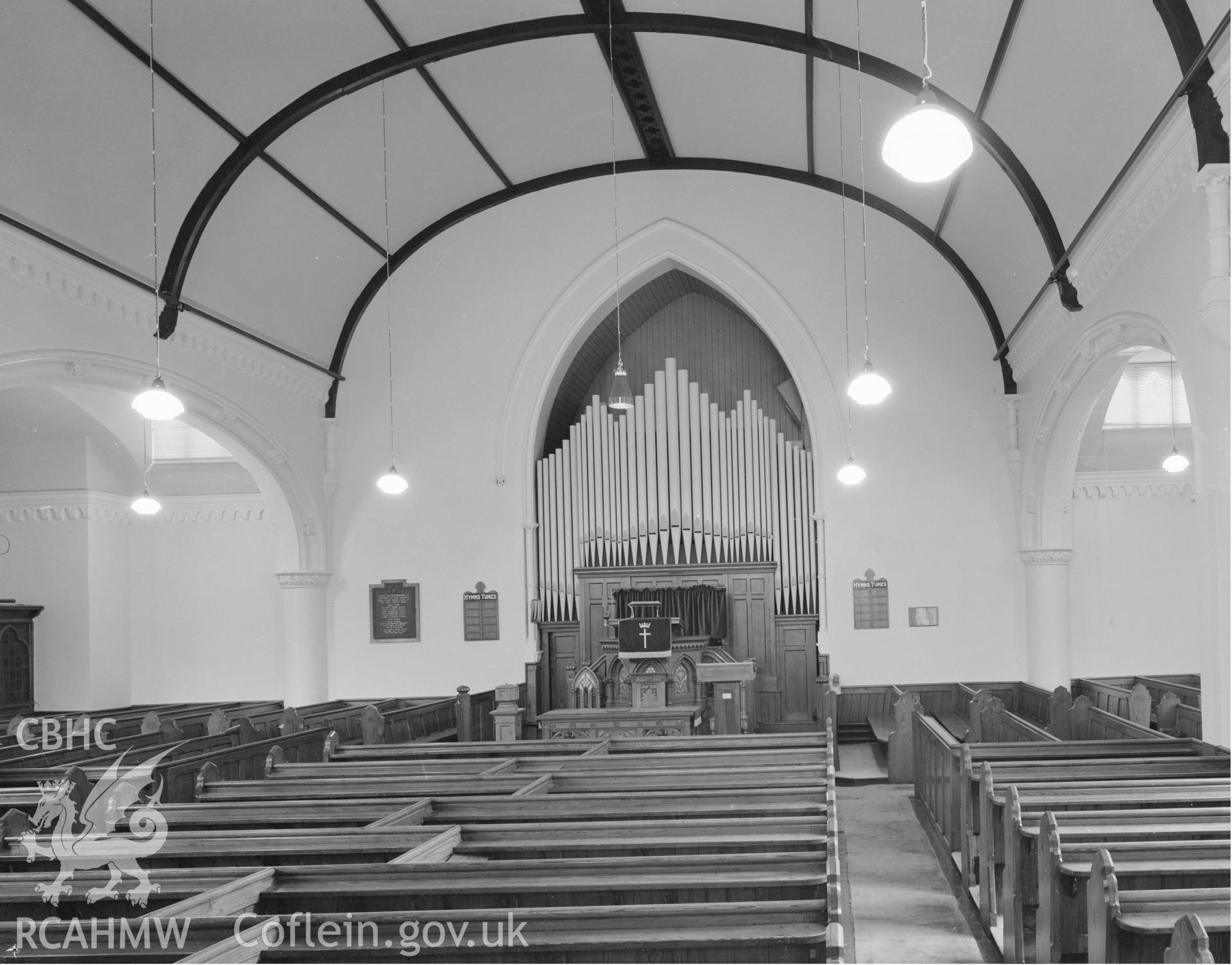 Black and white acetate negative showing an interior view of the English Presbyterian Church, Bath Street, Aberystwyth.