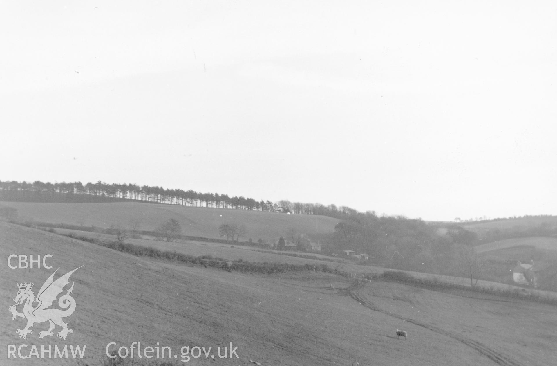 General view of archaeological feature.  Caption reads 'Fig.8 - looking east towards the Henfryn pine avenu.  On right Pandy Mill and the valley of the Marian brook.  Greenfield cottage is seen beside bungalow, right centre.Ploughed down bank is seen descending slope of field 'P' to left of three trees.'