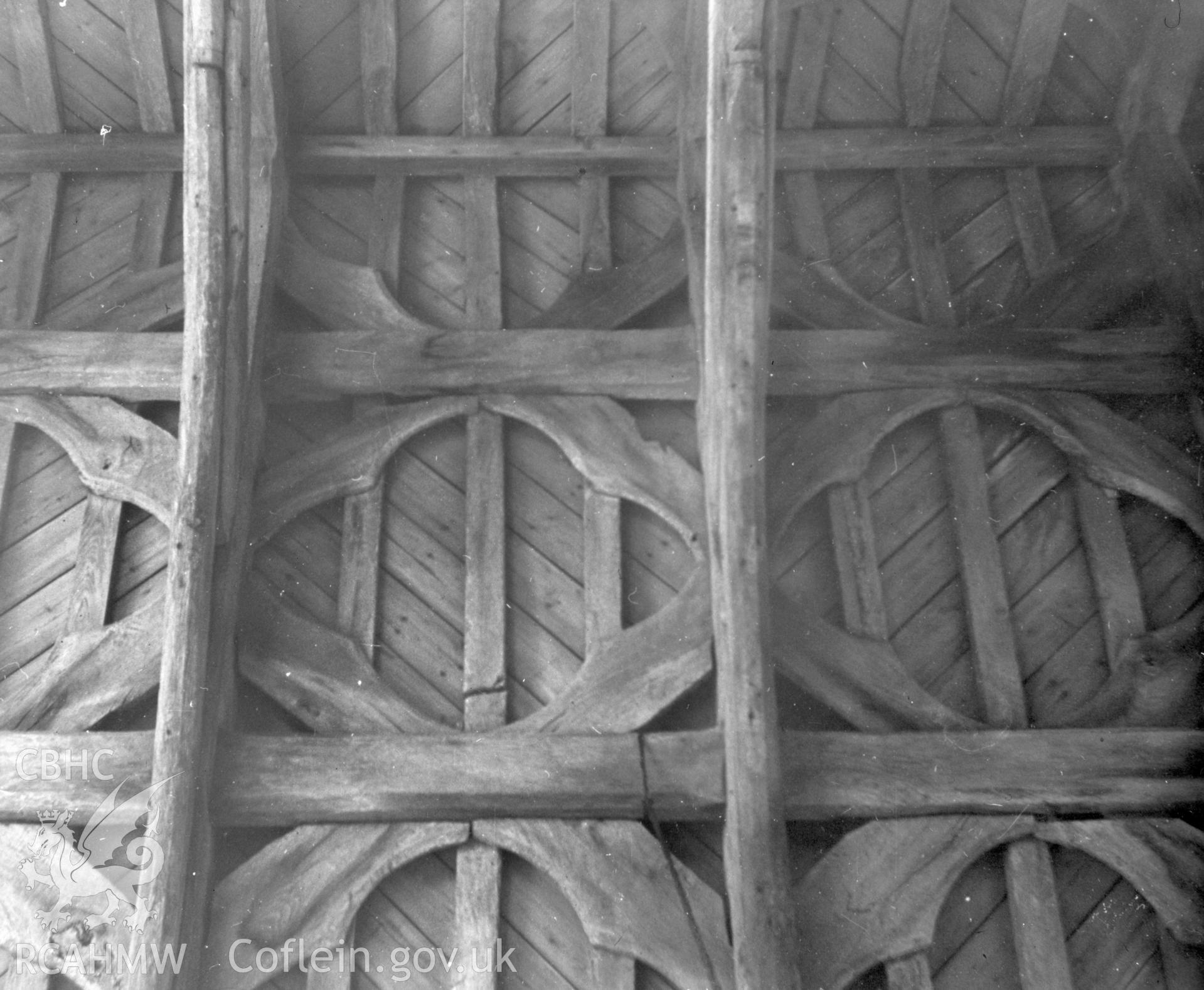 Detail of unidentified wooden braced church (?) roof, possibly St Michael's Church, Bryngwyn.