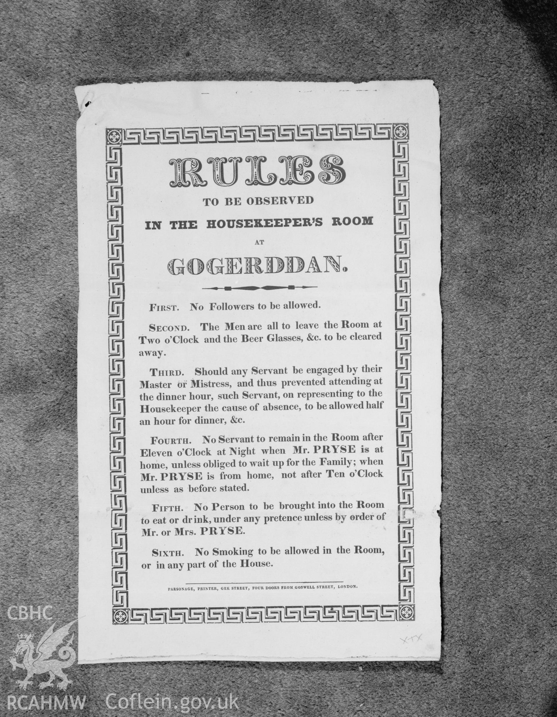 Black and white acetate negative showing a noticeboard at Gogerddan, "rules to be observed in the housekeepr's room".