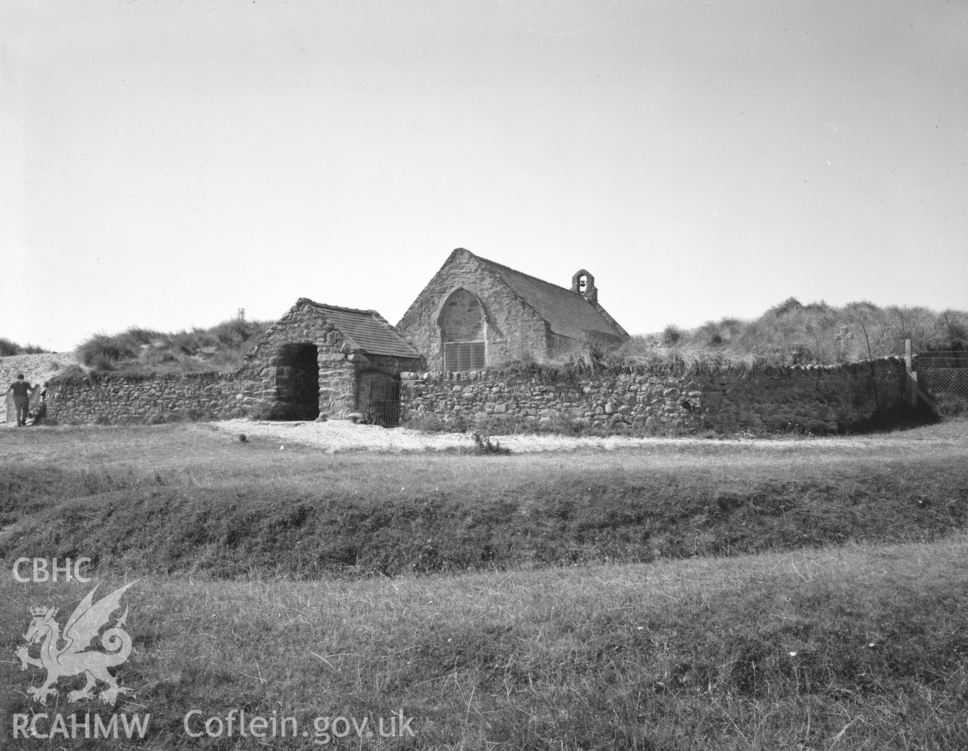 Black and white acetate negative showing exterior view of Llandanwg Church.