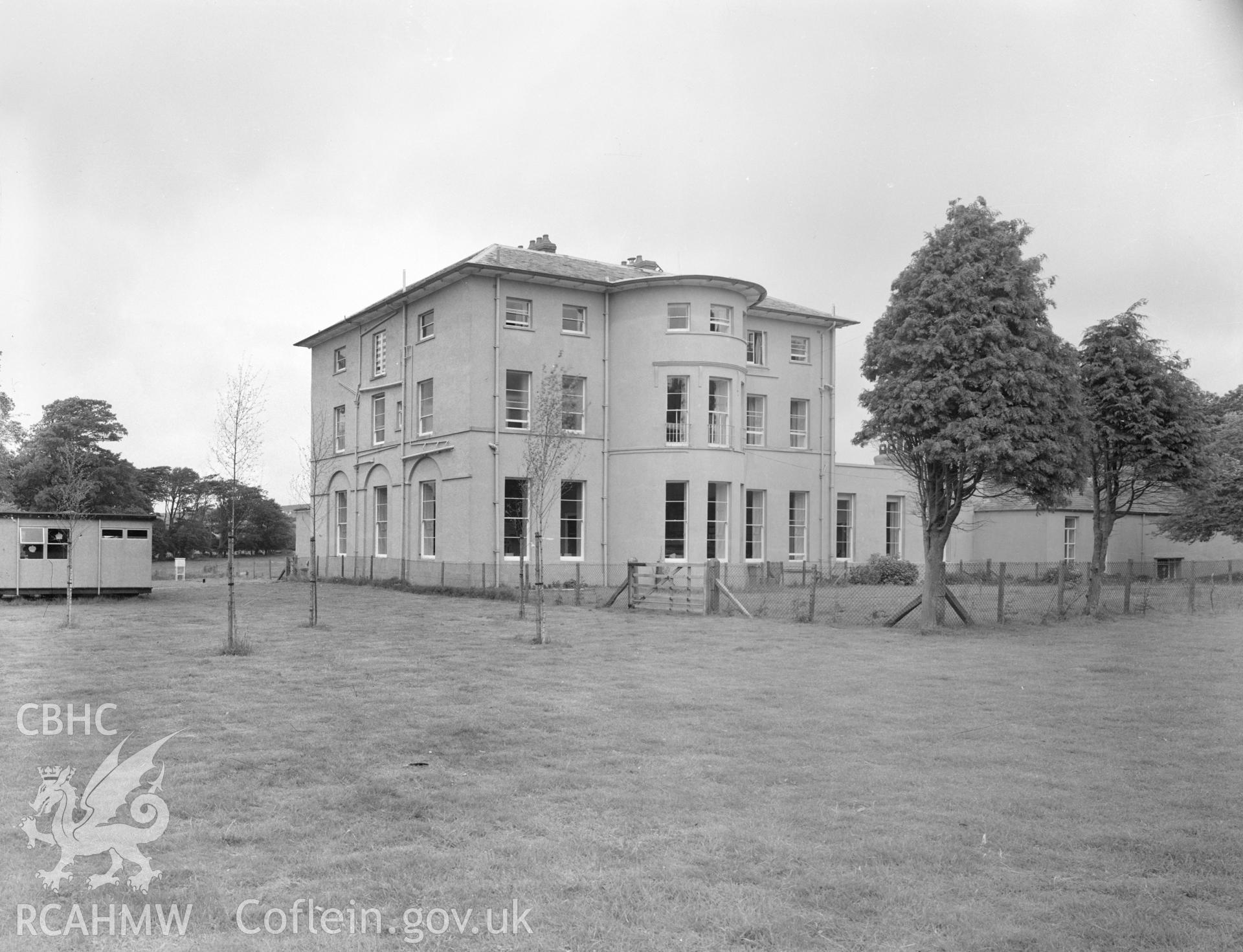 Black and white acetate negative showing exterior view of Stout Hall.