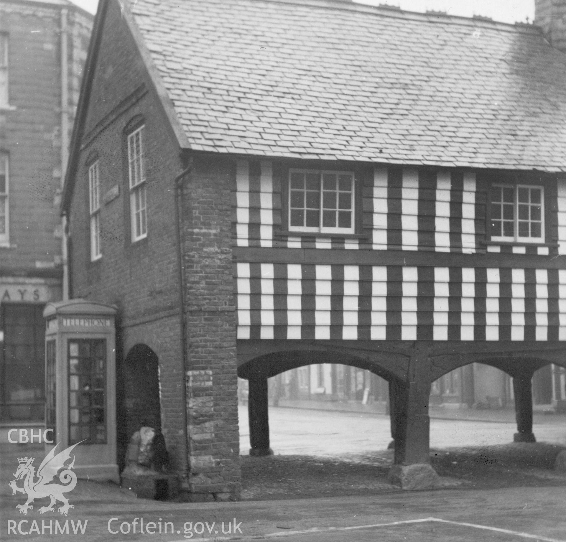 View of north gable wall at the Old Market Hall Llanidloes.  Dated February 1954.