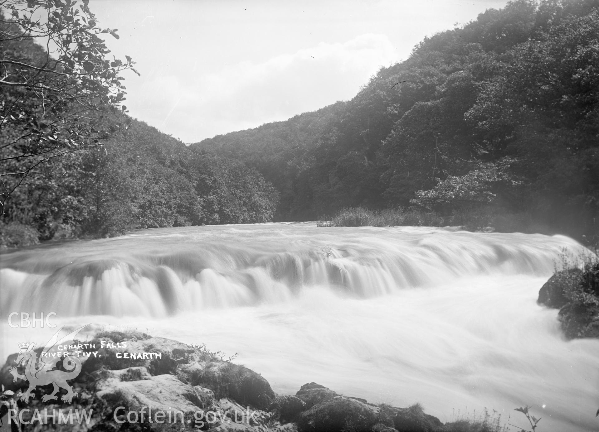 Black and white glass negative showing "Cenarth Falls, River Tyvi, Cenarth".