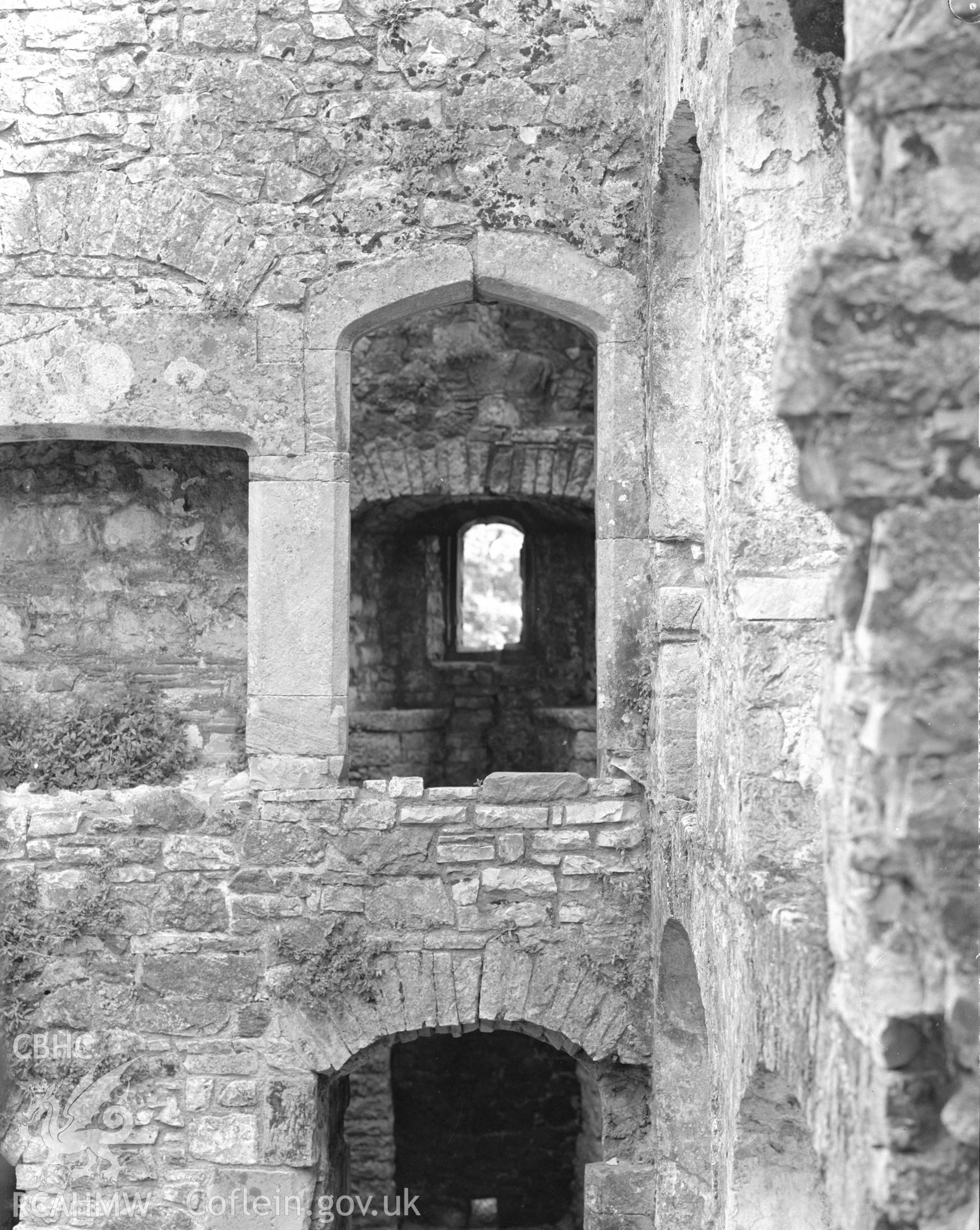 Black and white acetate negative showing detail at Oxwich Castle.