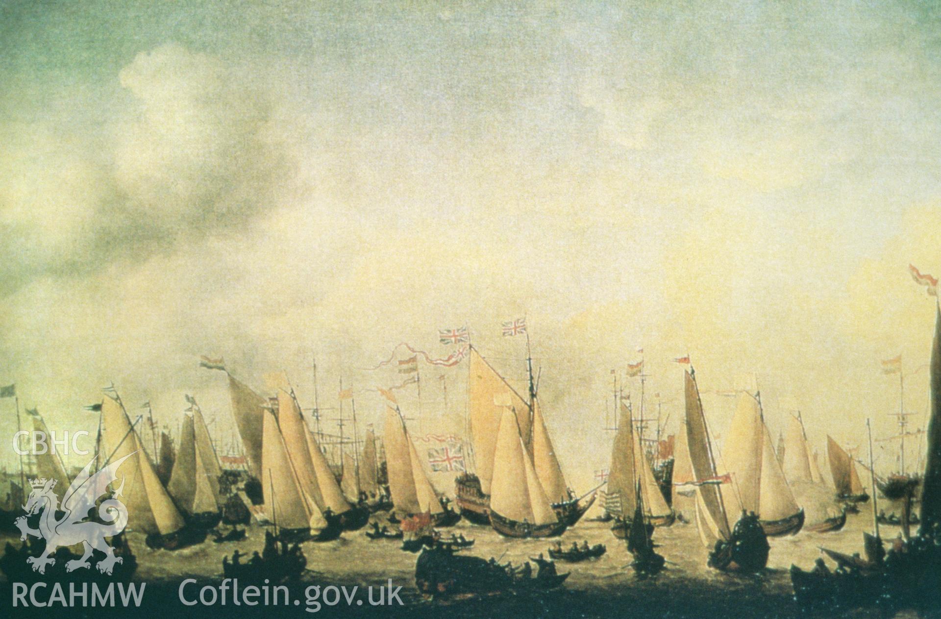 Colour slide of an historic illustration of the Royal Yacht Mary, from a survey of the Mary designated shipwreck, courtesy of National Museums, Liverpool (Merseyside Maritime Museum)