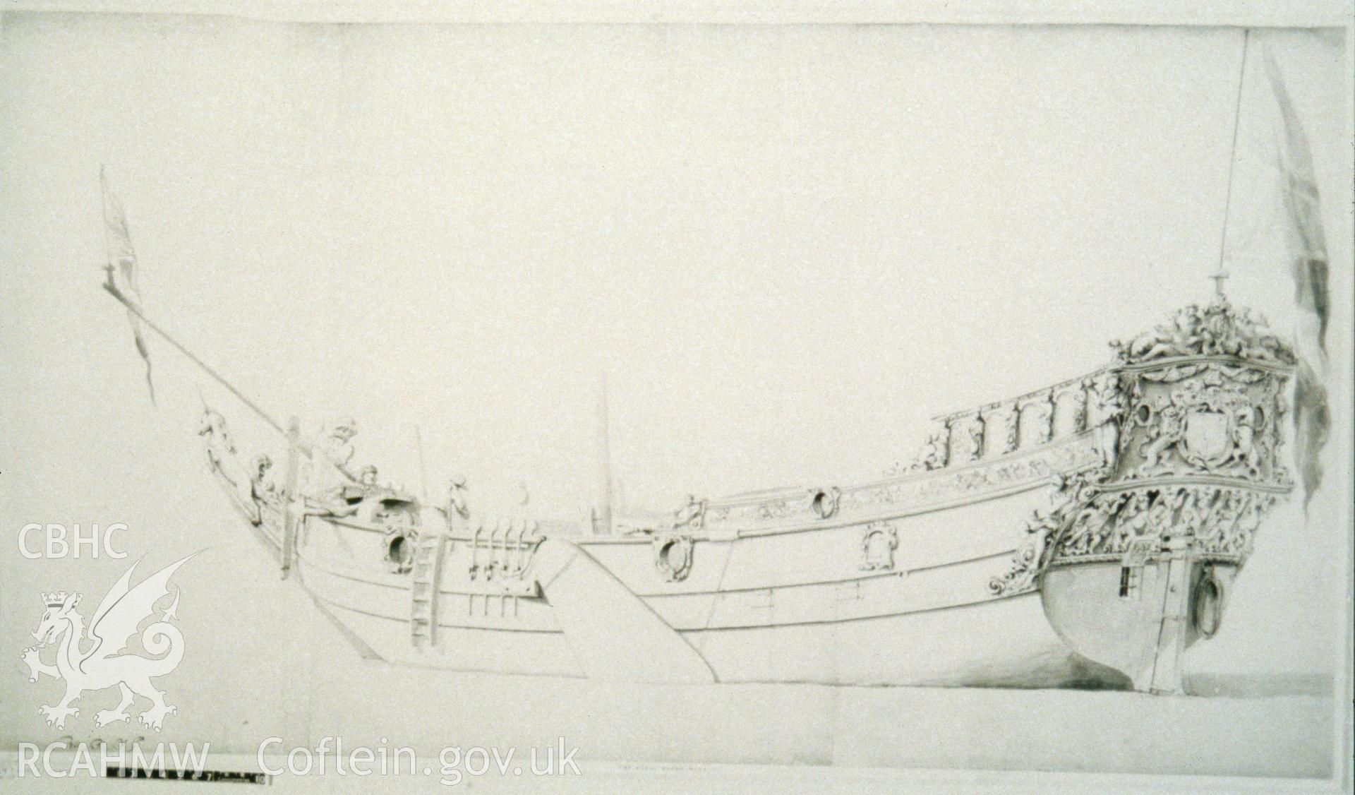 Colour slide of an historic illustration of the Royal Yacht Mary, from a survey of the Mary designated shipwreck, courtesy of National Museums, Liverpool (Merseyside Maritime Museum)