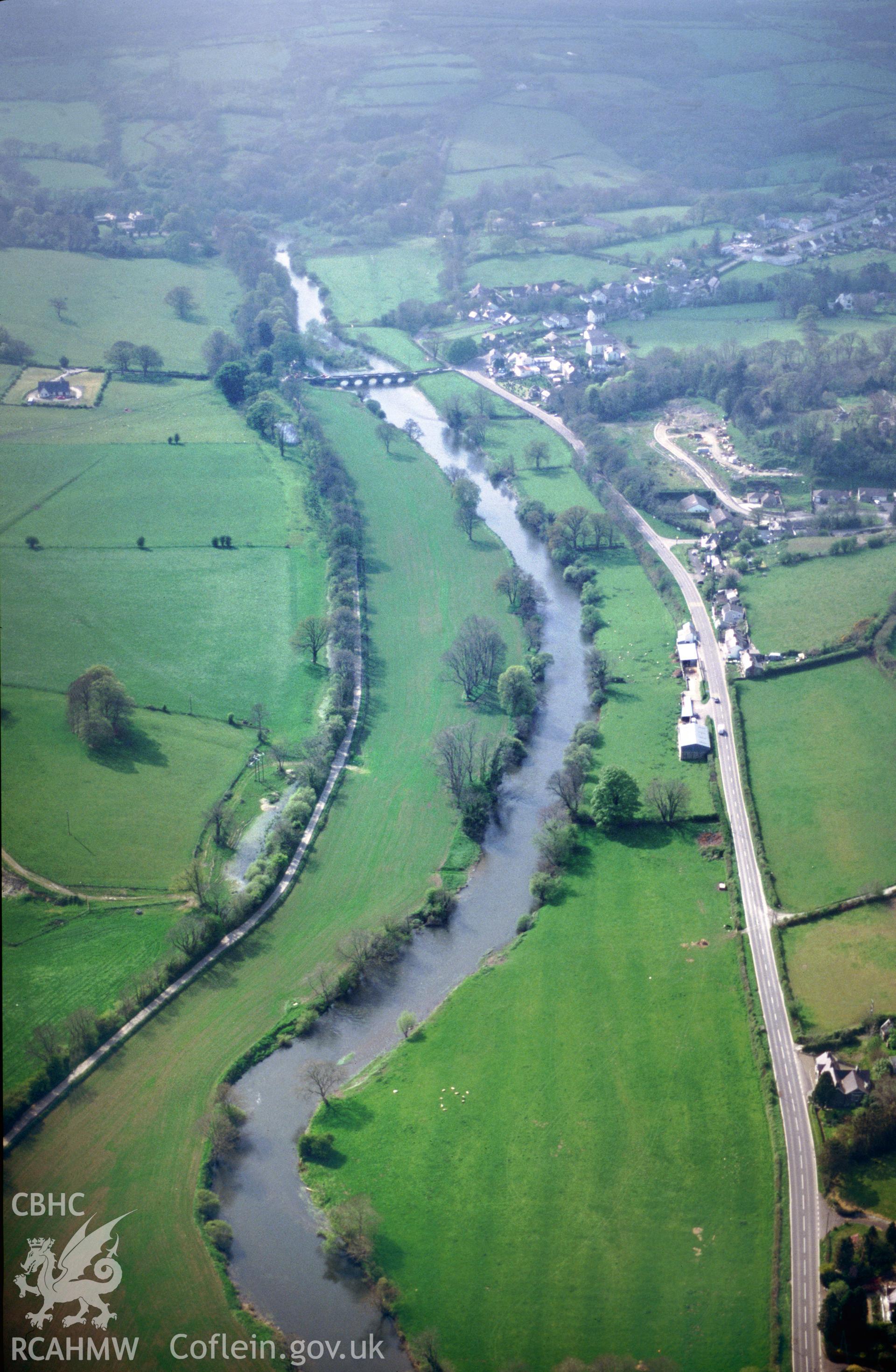 Slide of RCAHMW colour oblique aerial photograph of Llechryd, taken by T.G. Driver, 27/4/1999.
