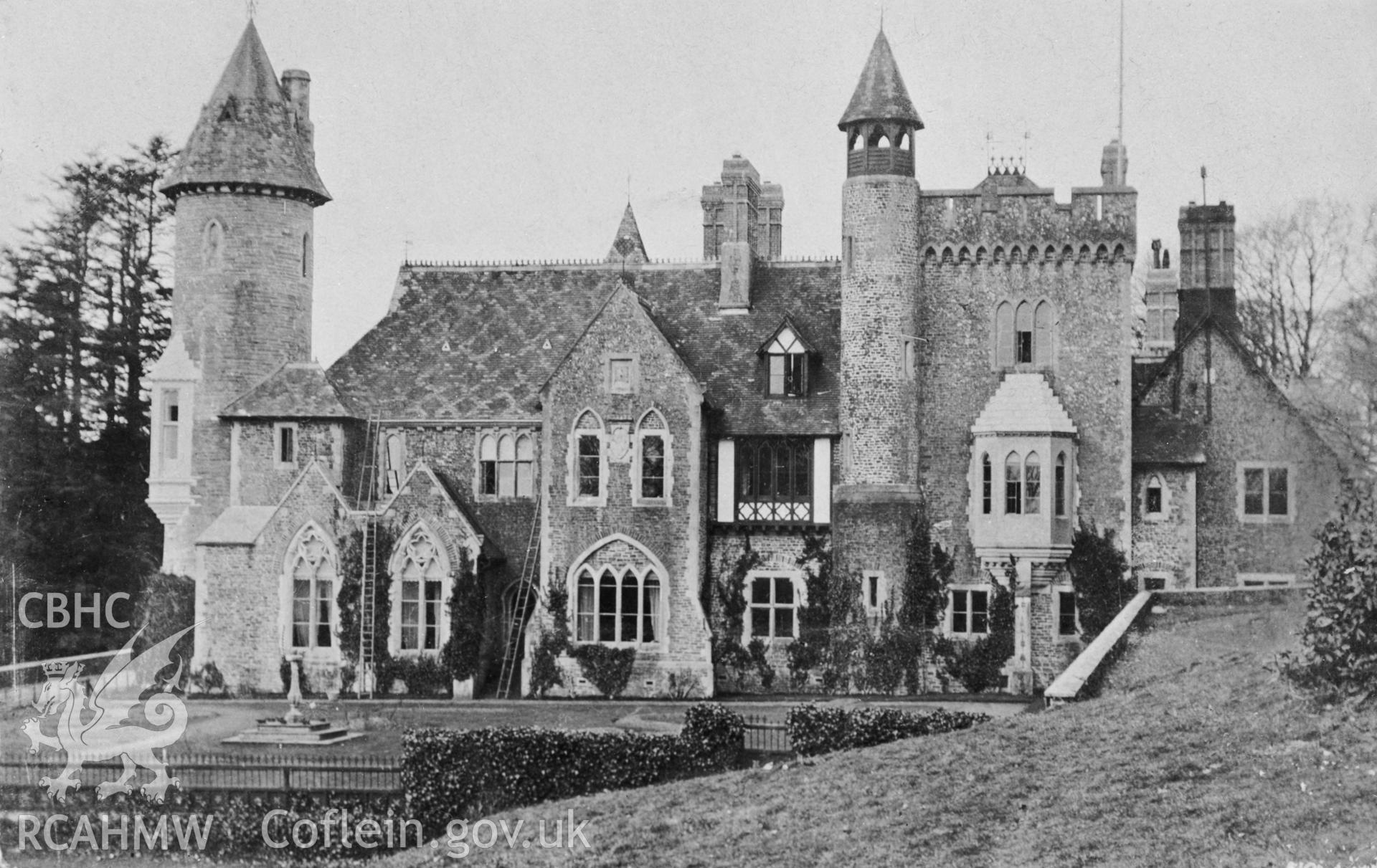 A black and white print of a postcard showing Bronwydd Mansion, Llangyllo. Postcard loaned for copying by Reid, P.M.