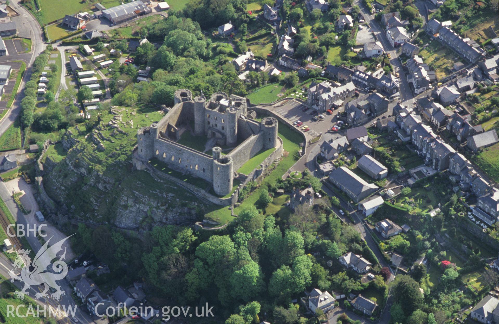 Slide of RCAHMW colour oblique aerial photograph of Harlech Castle, taken by C.R. Musson, 4/5/1993.