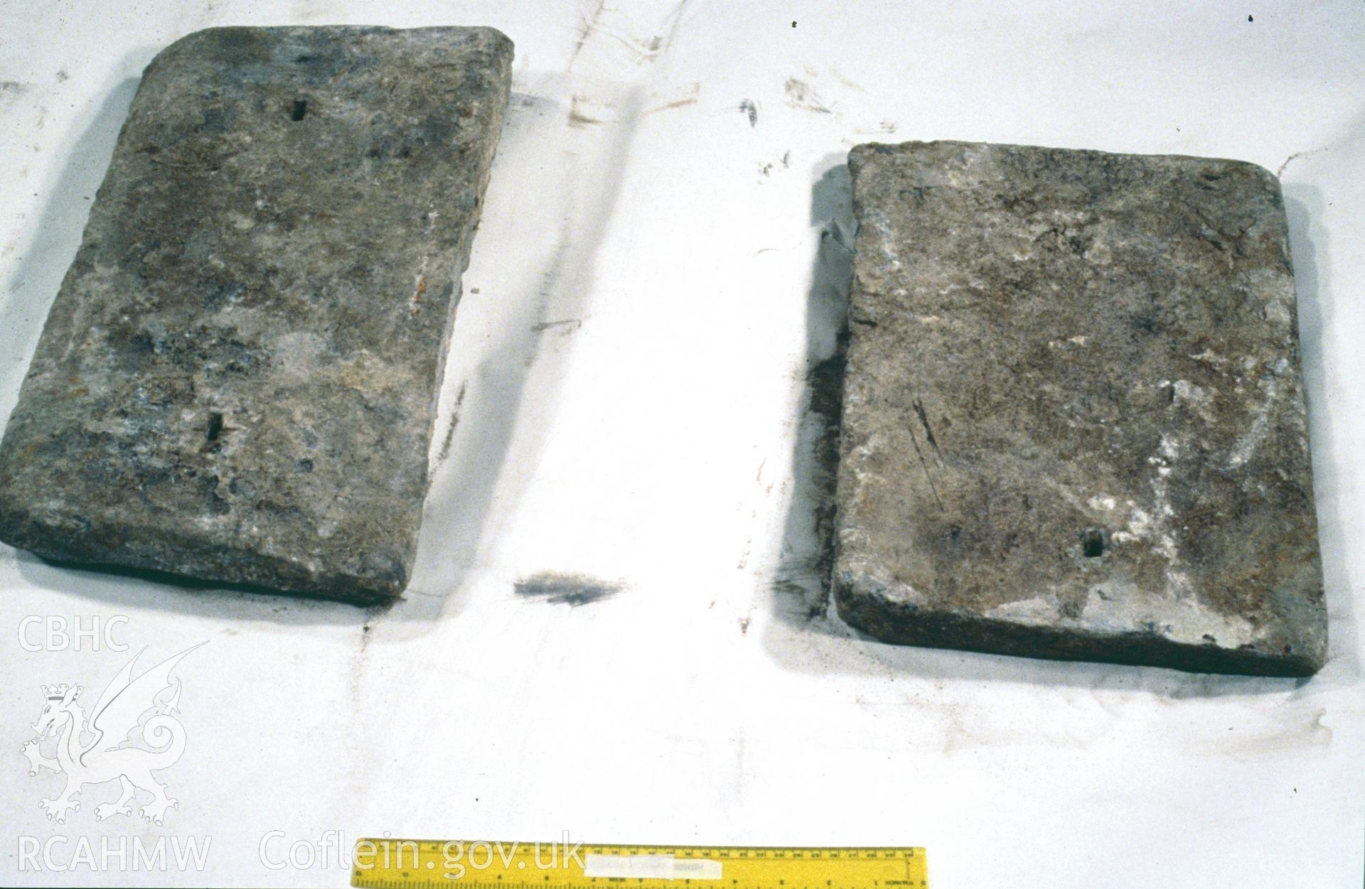 Colour slide showing find from site, lead ingots from ballast, from a survey of the Mary designated shipwreck, courtesy of National Museums, Liverpool (Merseyside Maritime Museum)