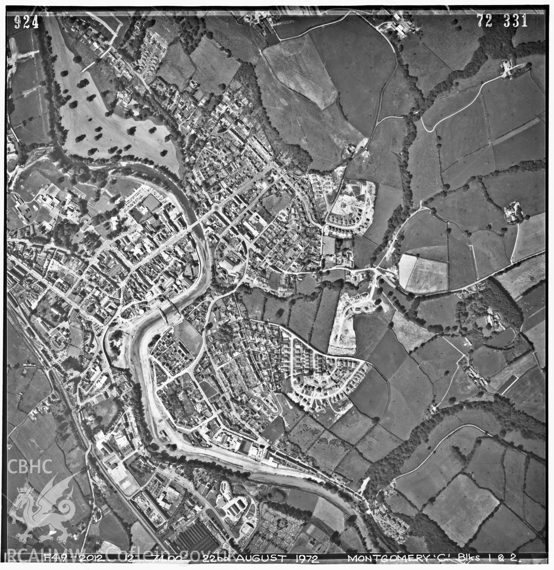 Digitized copy of an aerial photograph showing the area around Newtown, taken by Ordnance Survey, 1972.