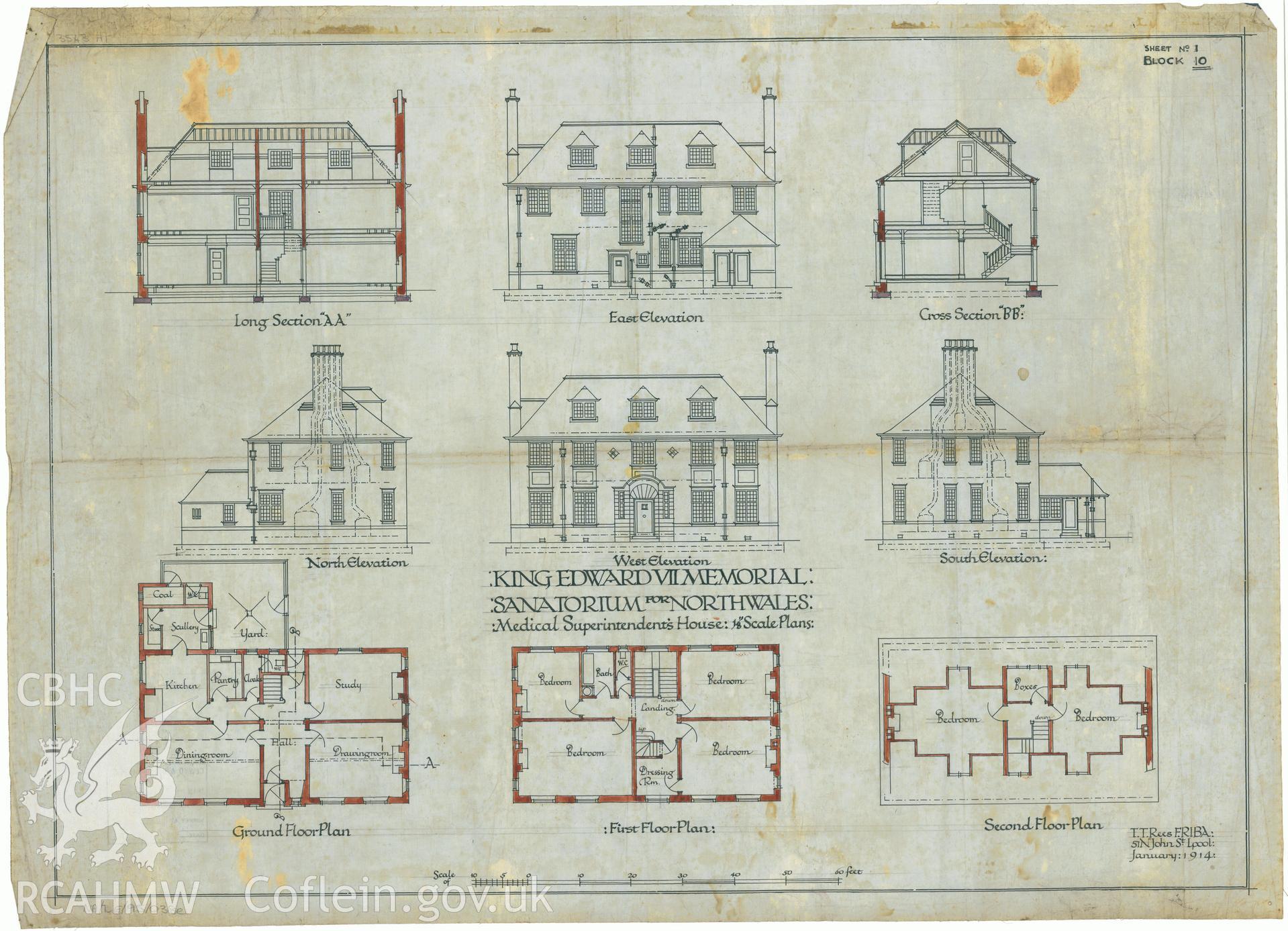 Measured drawing showing plans, elevations and section views of the Medical Superintendents house at King Edward VII Memorial Hospital for North Wales, Llangwyfan produced by T.T. Rees of Liverpool, dated January 1914.