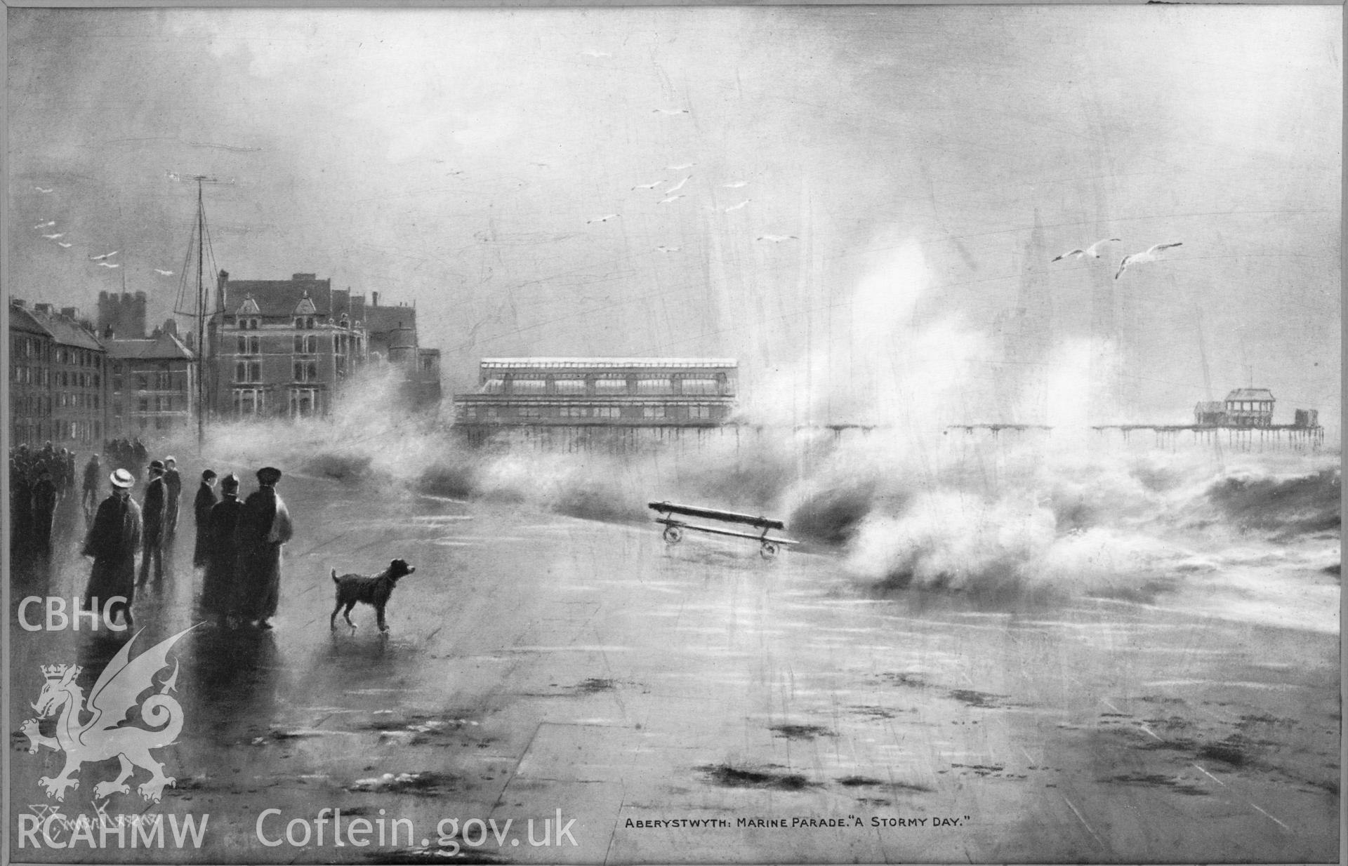 Illustration by Elmer Keene entitled "Aberystwyth. Marine Parade. A Stormy Day"