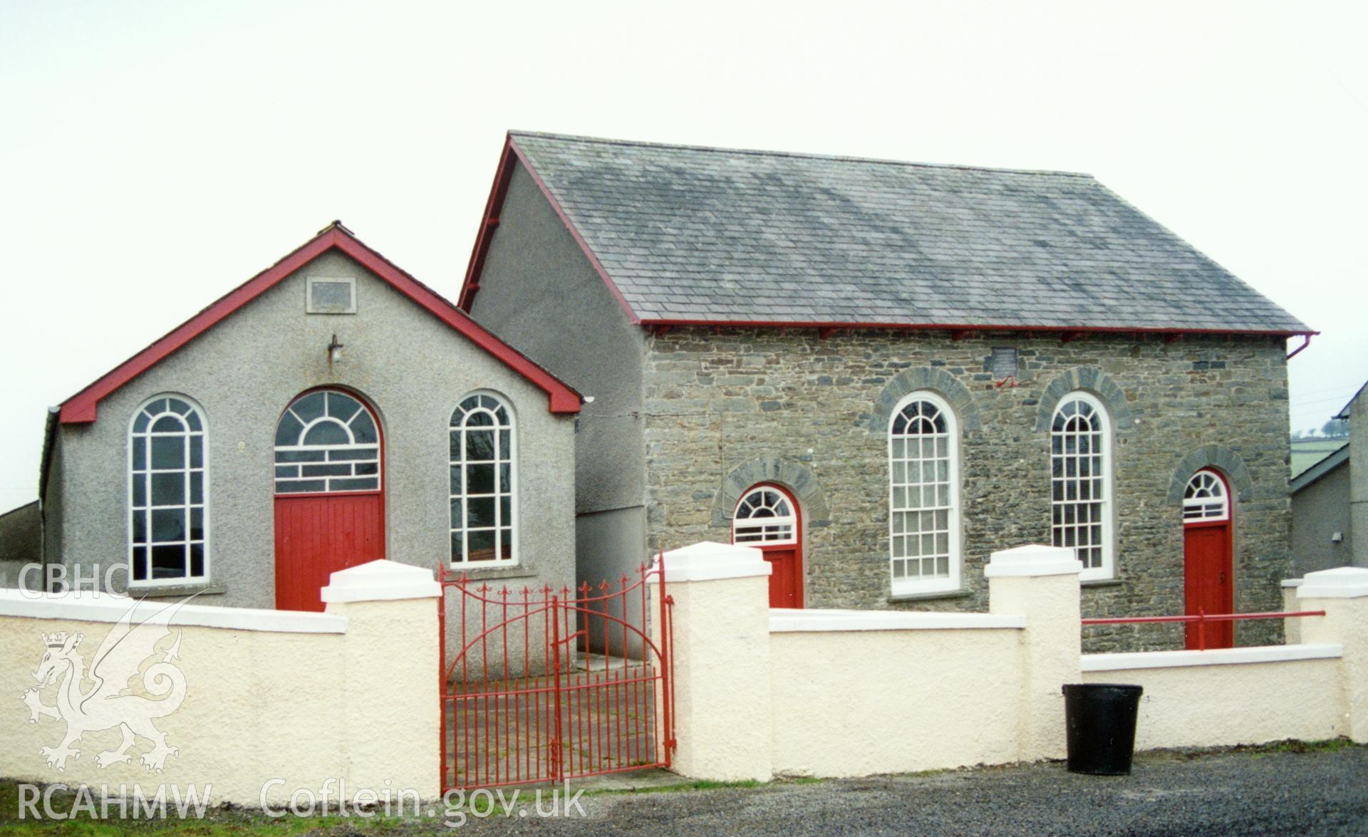 Digital copy of a colour photograph showing an exterior view of Troed-y-rhiw Welsh Independent Chapel, Cribyn,  taken by Robert Scourfield, c.1996.