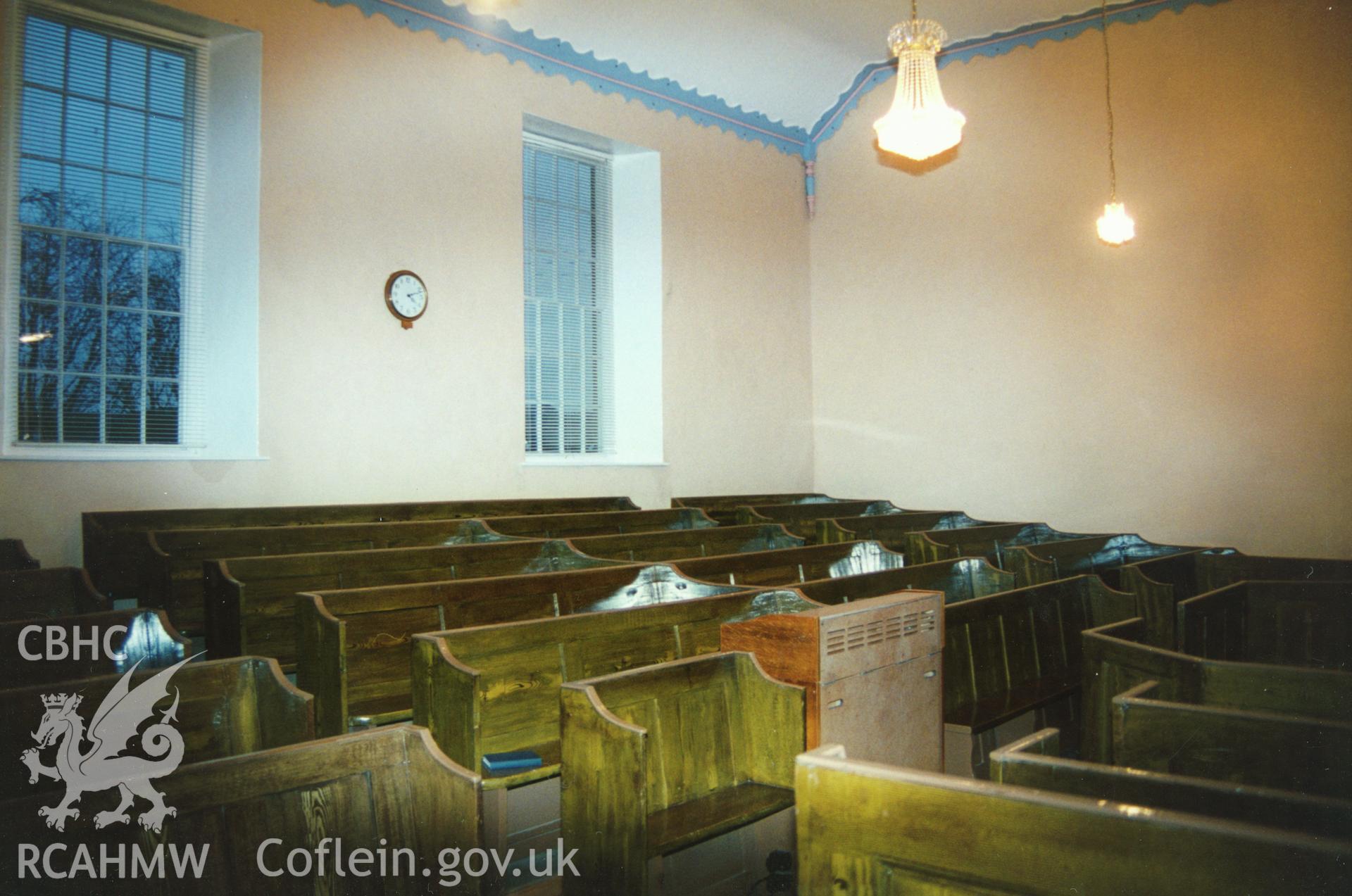Digital copy of a colour photograph showing an interior view of Troed y Rhiw Welsh Independent Chapel. Cribyn, taken by Robert Scourfield, c.1996.