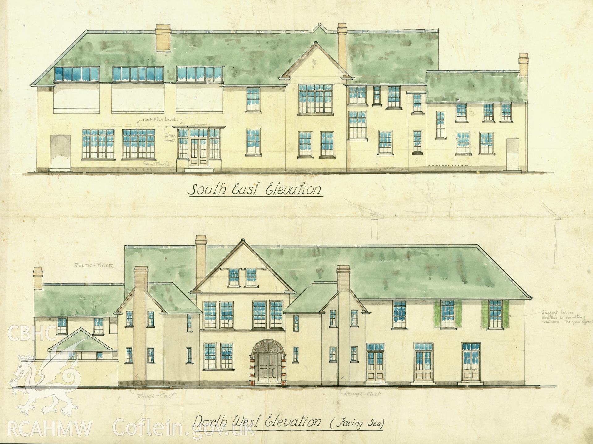 Digitized copy of an early  coloured drawing showing north-west and south-east elevation views of Ty Gwyn, Llangelynin, loaned for copying by Gwilym Jones of Snowdonia National Park.