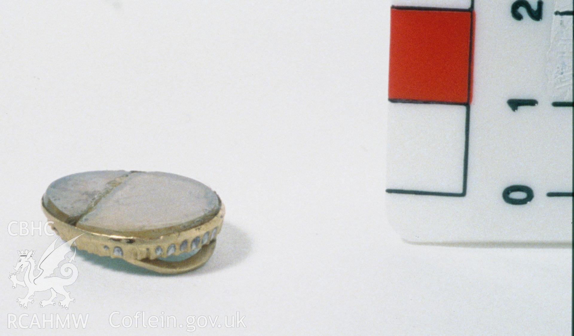 Colour slide showing find, a gold finger ring, from a survey of the Mary designated shipwreck, courtesy of National Museums, Liverpool (Merseyside Maritime Museum)