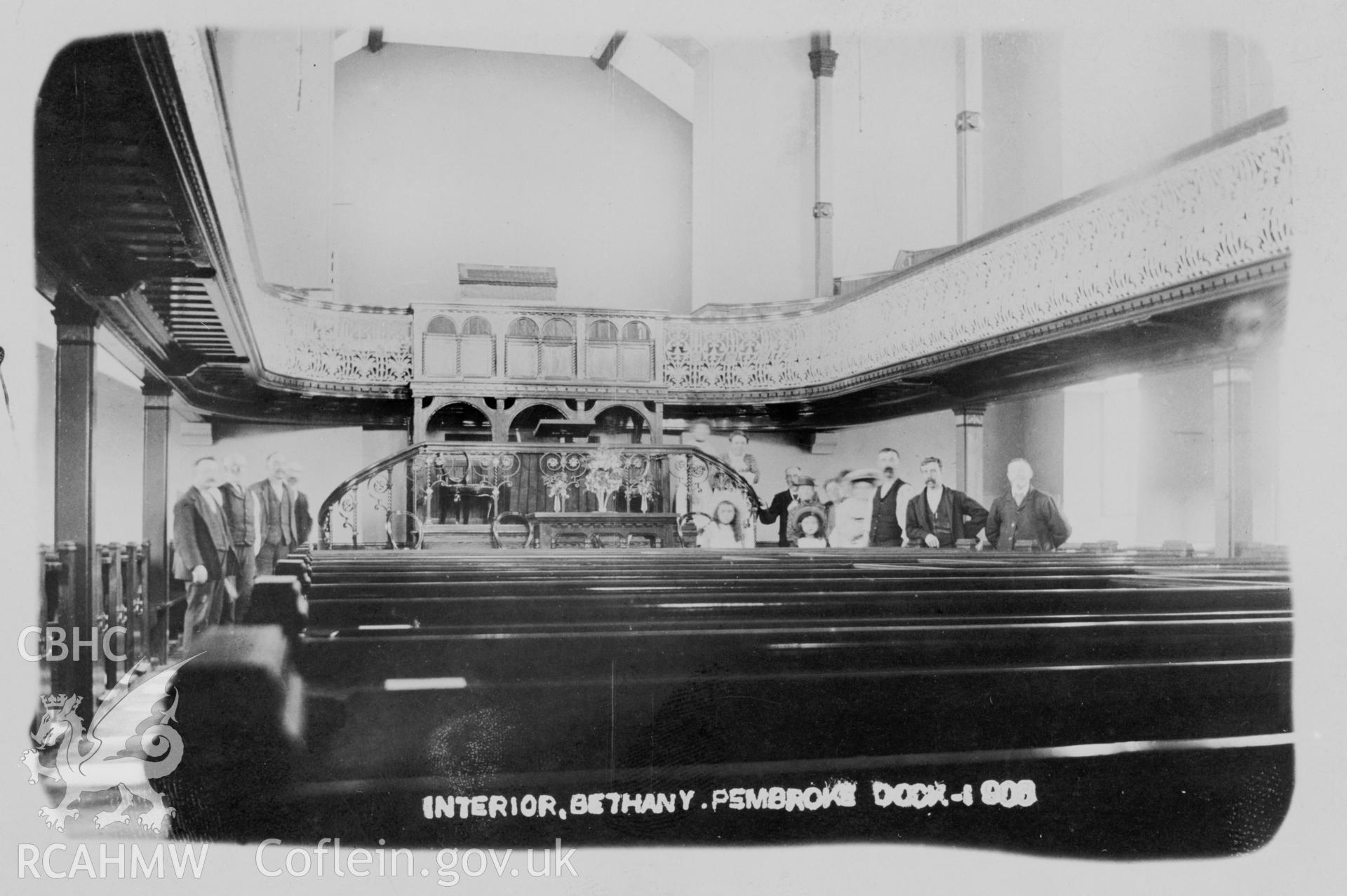 Bethany Chapel, Pembroke Dock; B&W print copied from an undated postcard  loaned for copying by Thomas Lloyd.  Copy negative held.