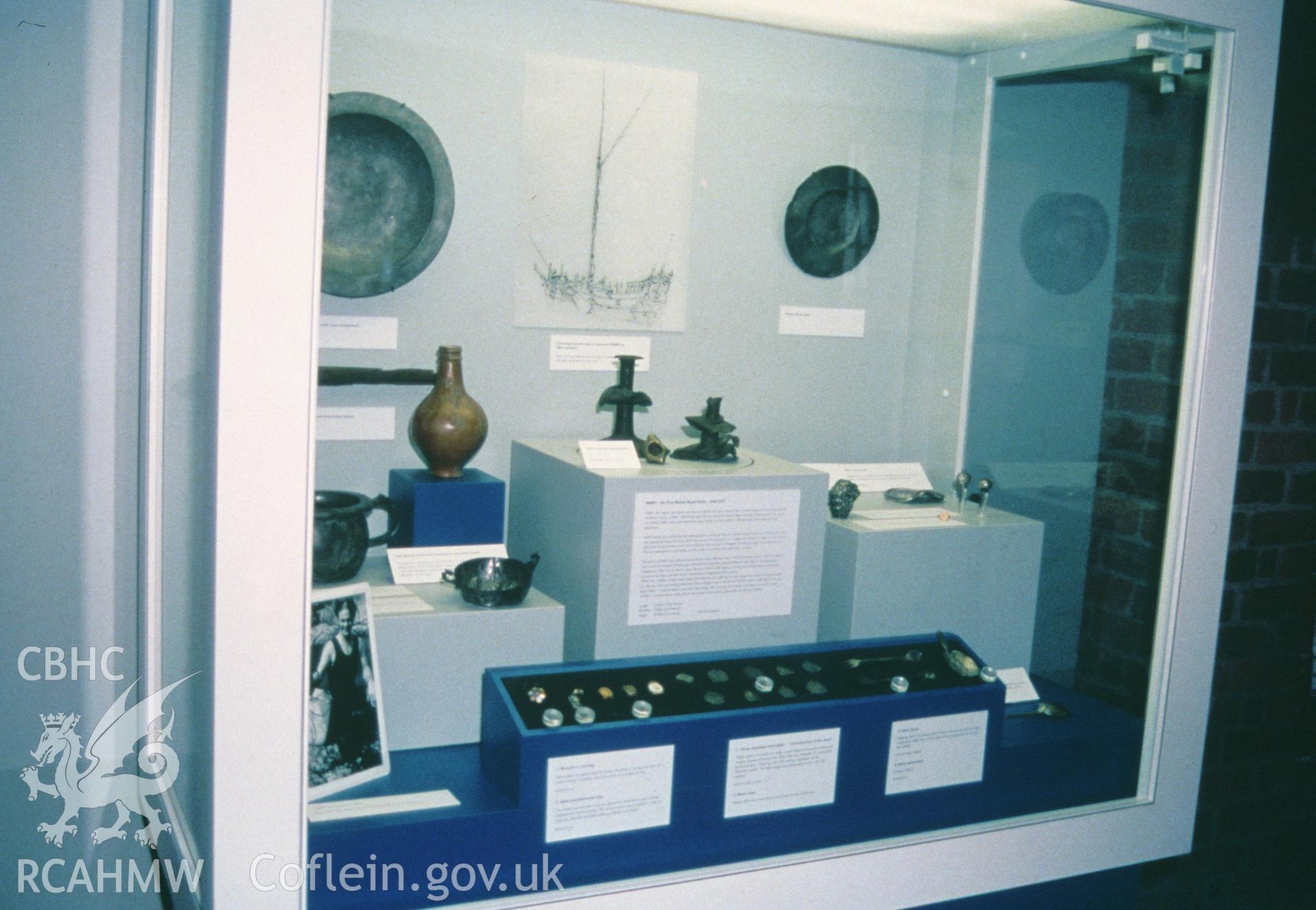 Colour slide showing finds on display at Liverpool Museum, from a survey of the Mary designated shipwreck, courtesy of National Museums, Liverpool (Merseyside Maritime Museum)