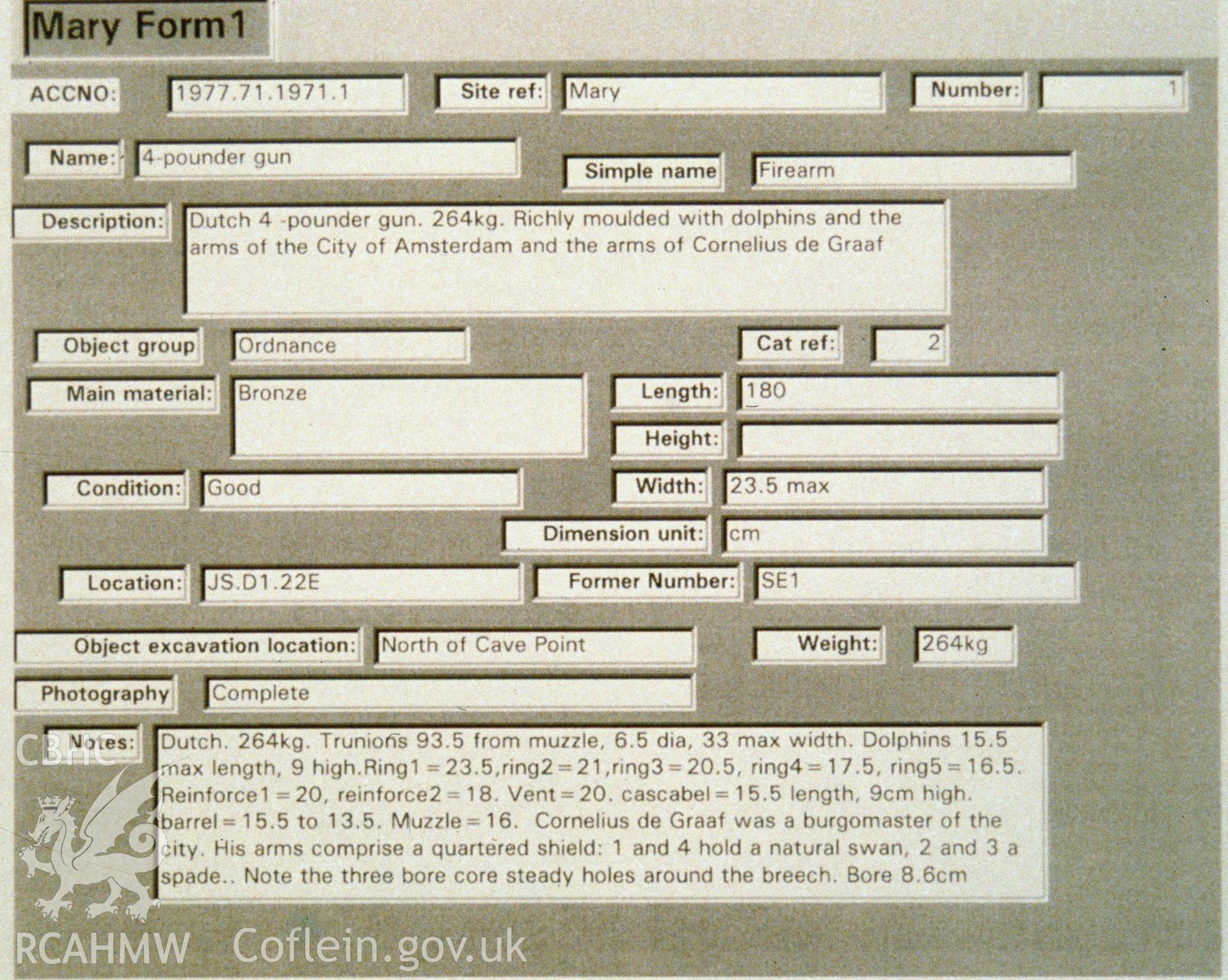 Colour slide of a screen shot of database, from a survey of the Mary designated shipwreck, courtesy of National Museums, Liverpool (Merseyside Maritime Museum)