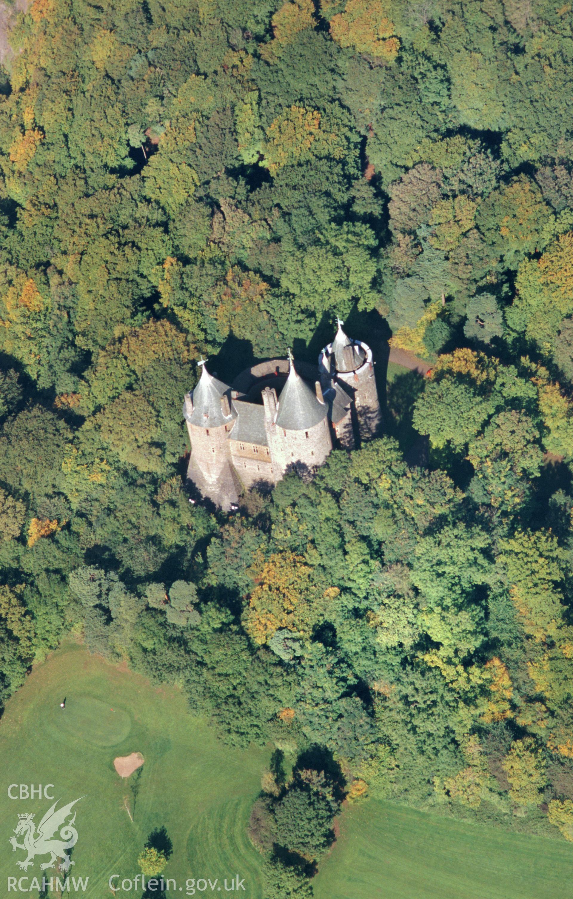 Slide of RCAHMW colour oblique aerial photograph of Castell Coch, taken by T.G. Driver, 13/10/1999.
