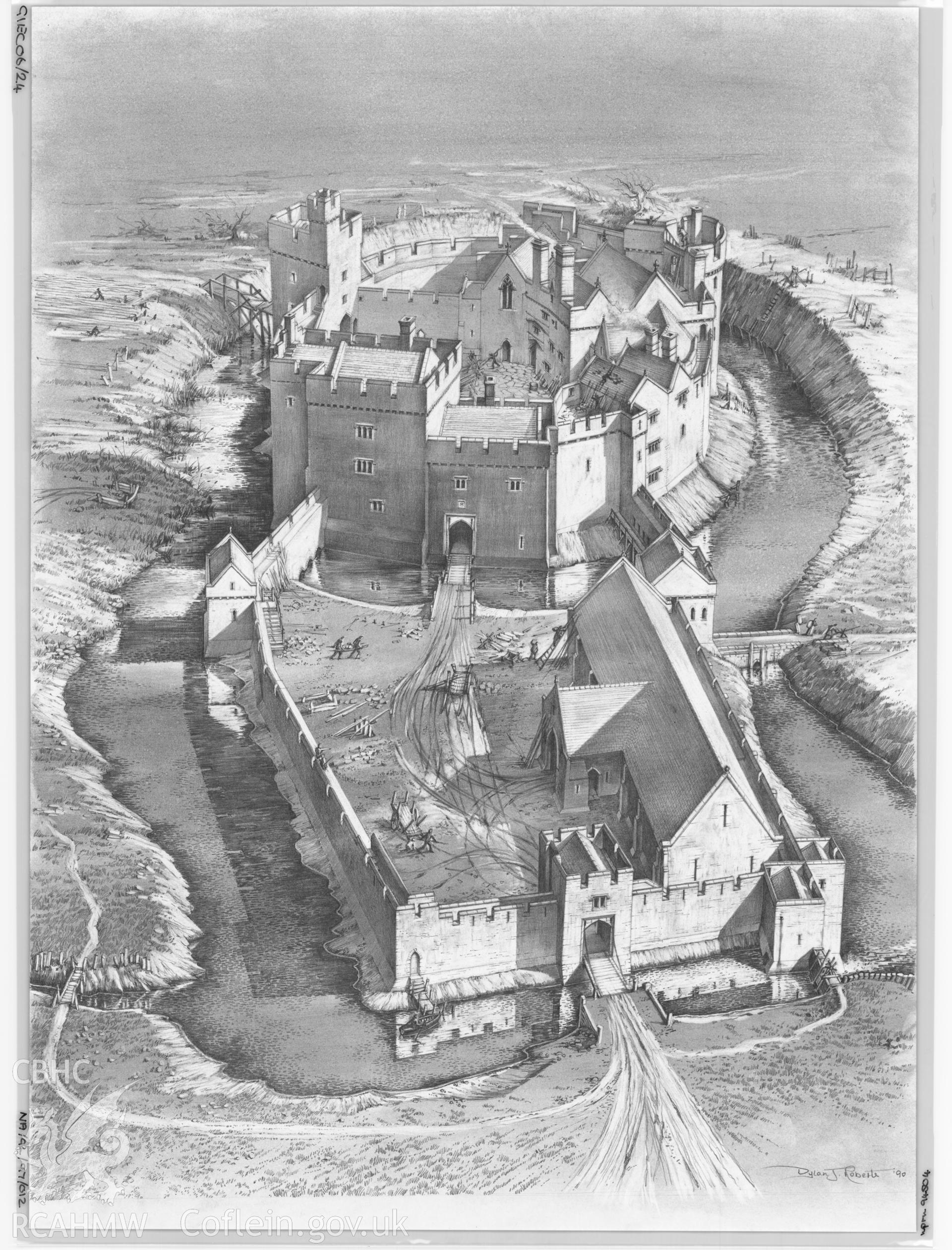 Coity Castle, Glamorgan; reconstruction drawing by Dylan Roberts, showing the castle as refurbished in the sixteenth century, as published in RCAHMW Inventory of the Ancient Monuments in Glamorgan Volume III - Part 1a Medieval Secular Monuments The Early Castles From the Norman Conquest to 1217, 1991, figure 148, page 221.