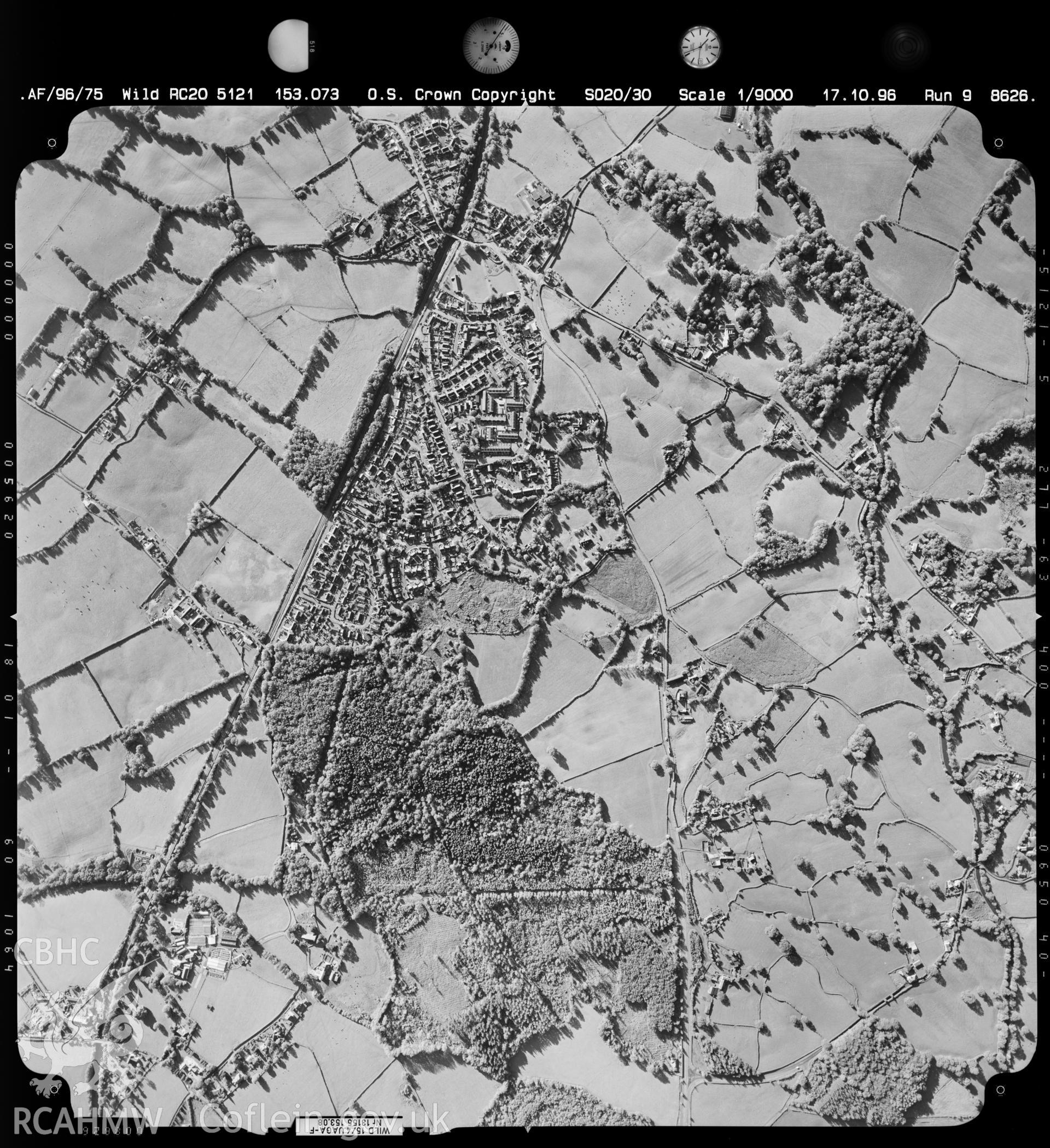 Digitized copy of an aerial photograph showing the Penperlleni area of Goetre Fawr, grid reference SO324050, taken by Ordnance Survey, 1996.