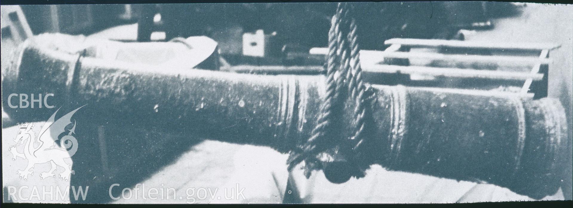 Colour slide of a gun being raised, from a survey of the Mary designated shipwreck, courtesy of National Museums, Liverpool (Merseyside Maritime Museum)