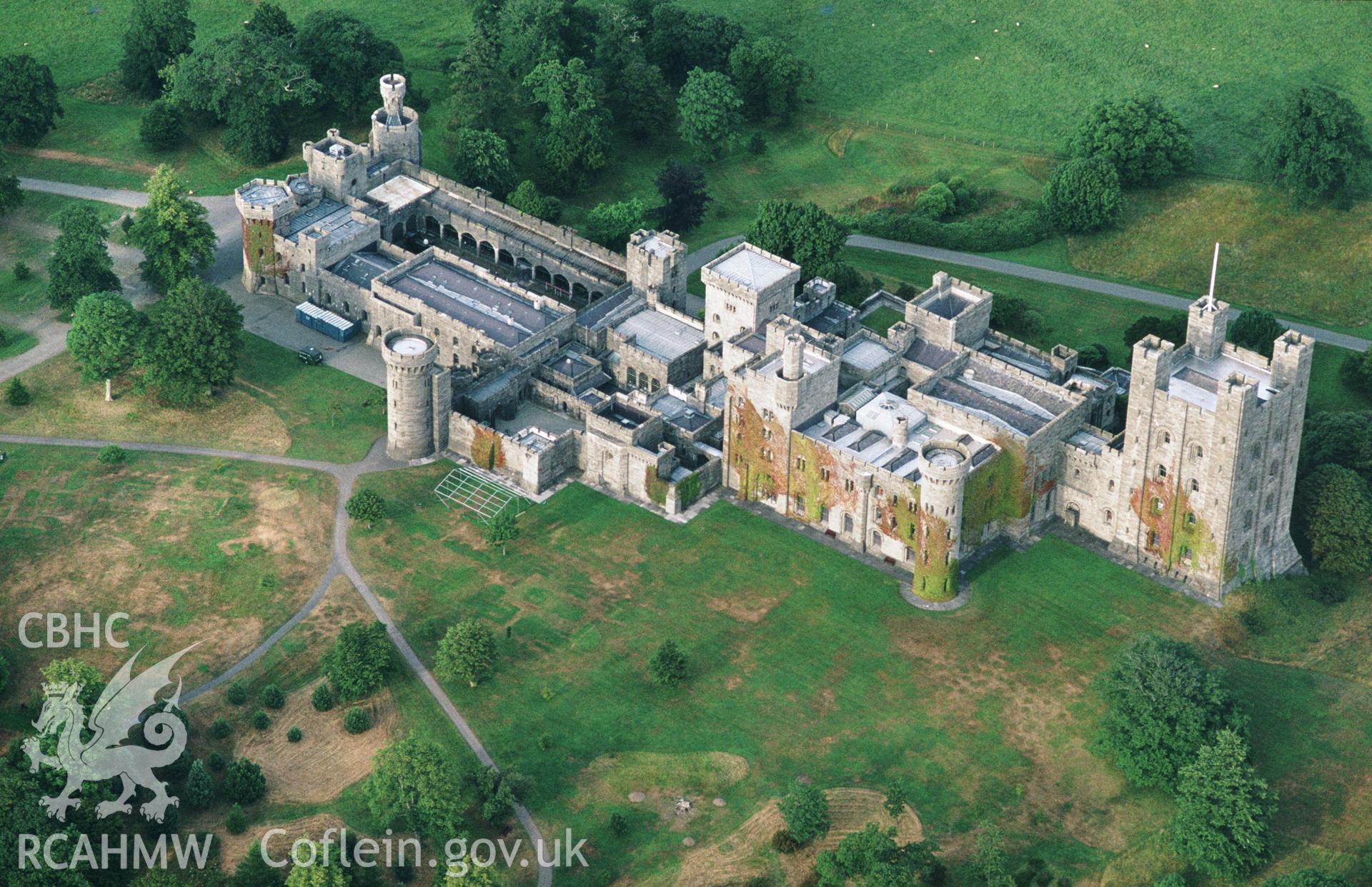Slide of RCAHMW colour oblique aerial photograph of Penrhyn Castle, Bangor, taken by C.R. Musson, 27/7/1996.