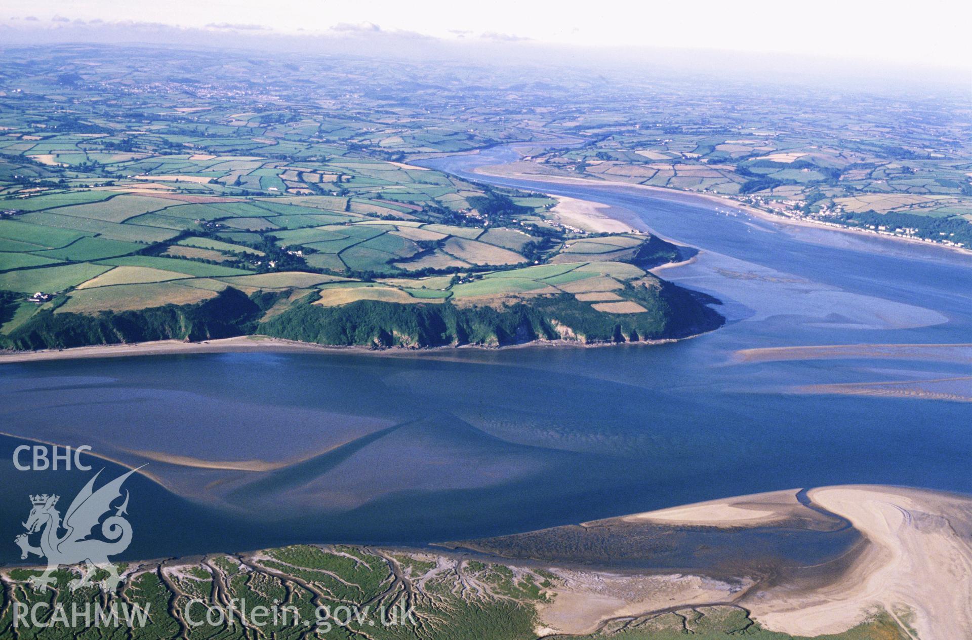 Slide of RCAHMW colour oblique aerial photograph of Towy Estuary, taken by C.R. Musson, 14/7/1989.