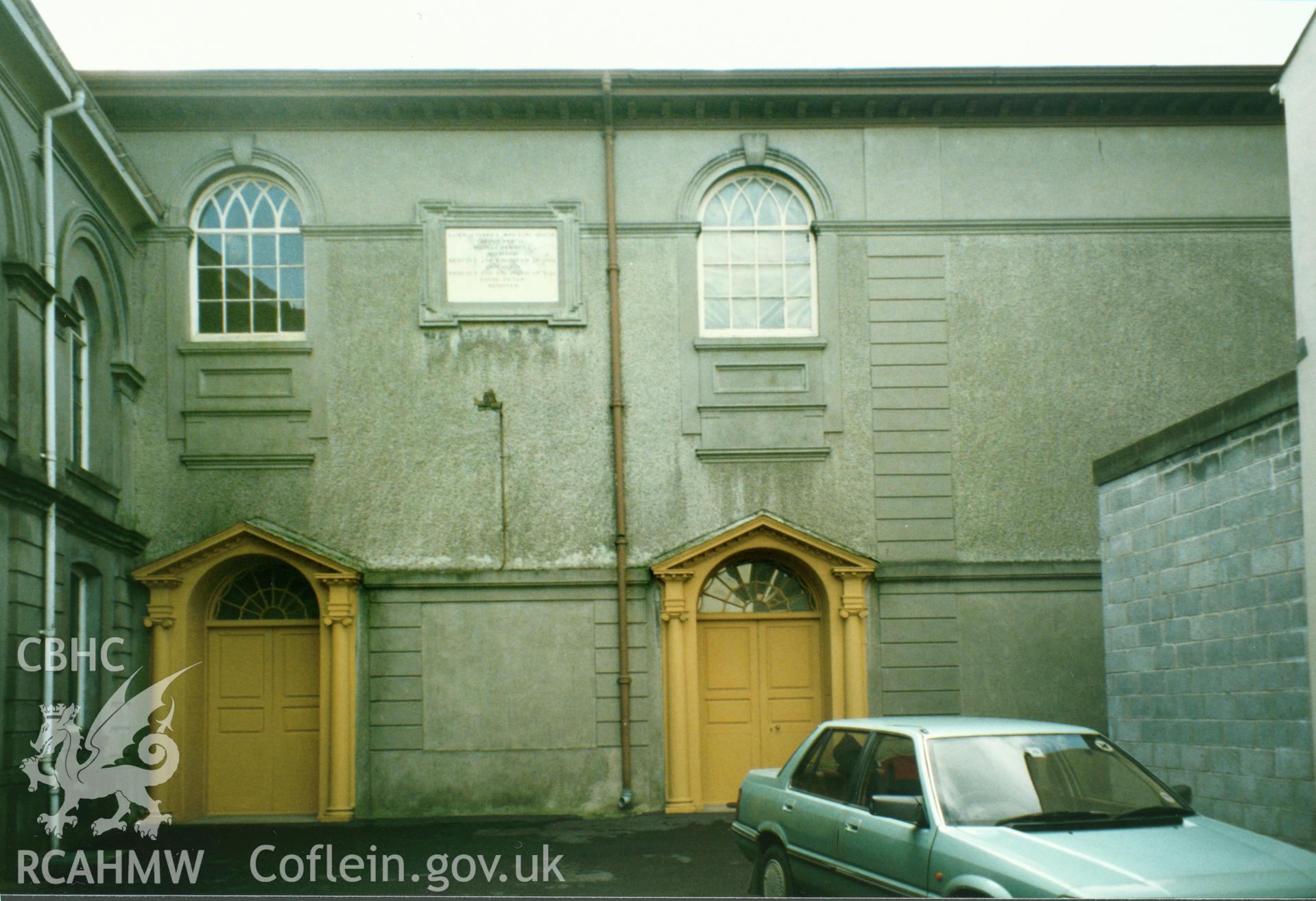 Digital copy of a colour photograph showing an exterior view of Heol Awst Welsh Independent Chapel, Lammas Street, Carmarthen, taken by Robert Scourfield, 1996.
