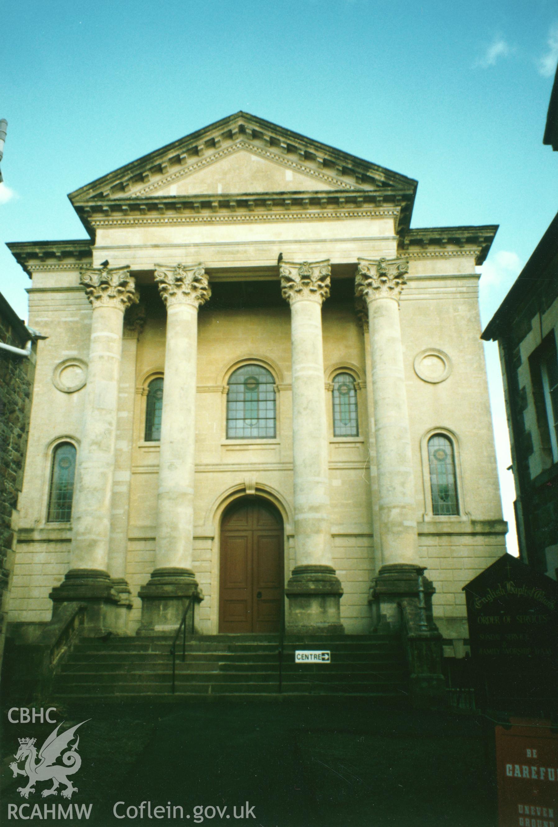 Digital copy of a colour photograph showing an exterior view of English Baptist Church, Lammas Street, Carmarthen, taken by Robert Scourfield, 1996.