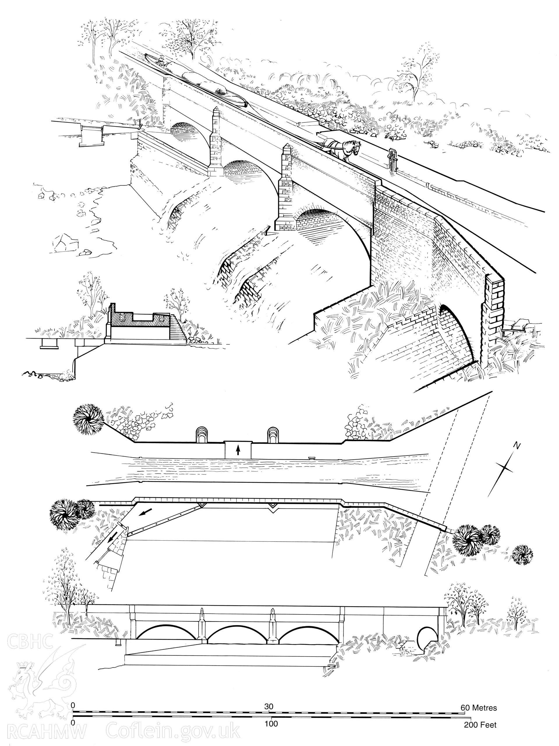 Afon Twrch Aqueduct; measured plan, section and perspective view produced by G.A. Ward, 1976