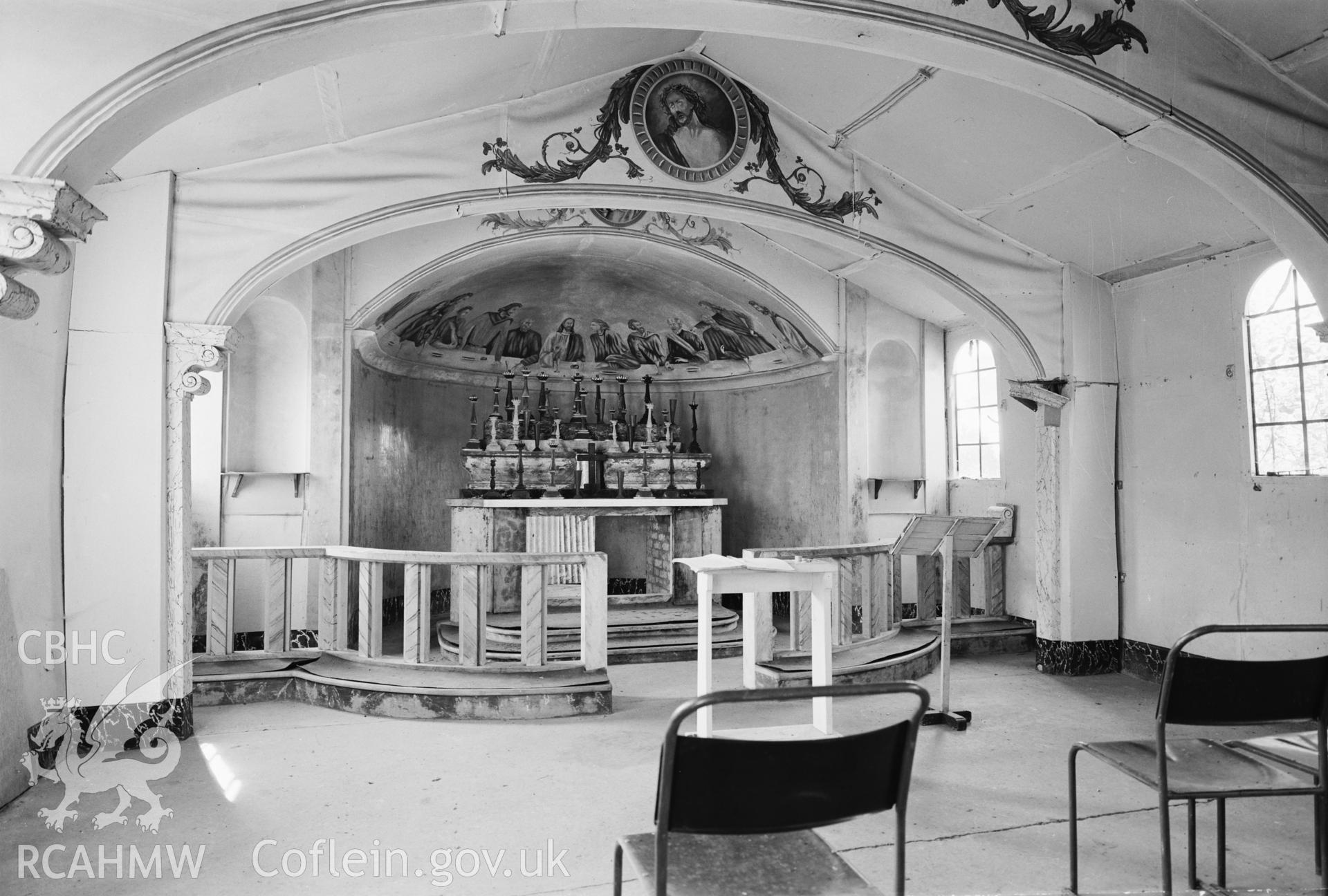 Interior of Capel Eidalwyr Italian Catholic chapel, at Henllan Bridge Prisoner of War camp. The chapel was adapted from a Nissen hut by Mario Ferlito when 1,200 Italians captured in Libya and Tunisia arrived there in 1943.