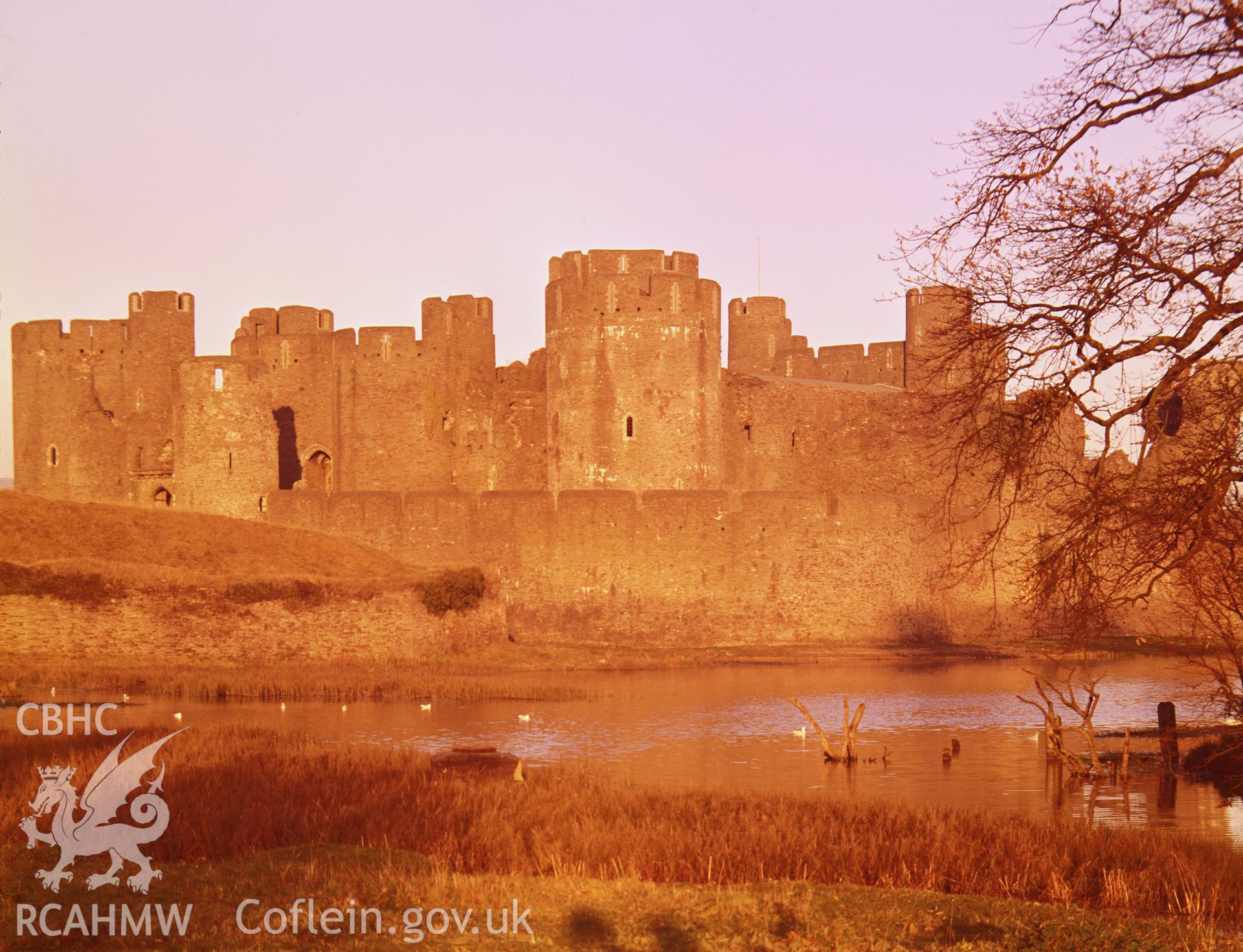 RCAHMW colour transparency showing Caerphilly Castle taken by RCAHMW , c.1980
