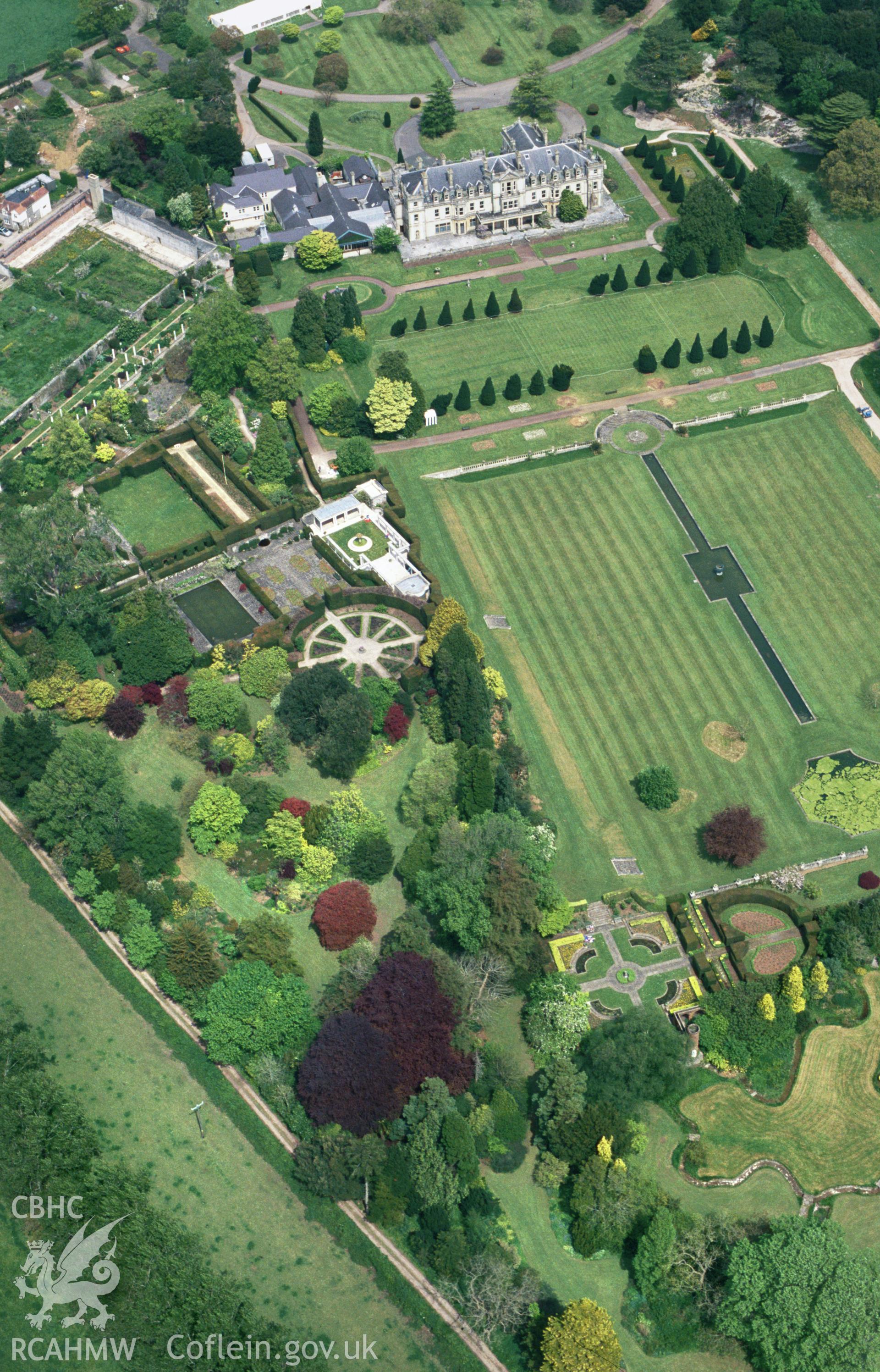 RCAHMW colour oblique aerial photograph of Dyffryn House and Gardens, high view of formal gardens. Taken by Toby Driver on 16/05/2002