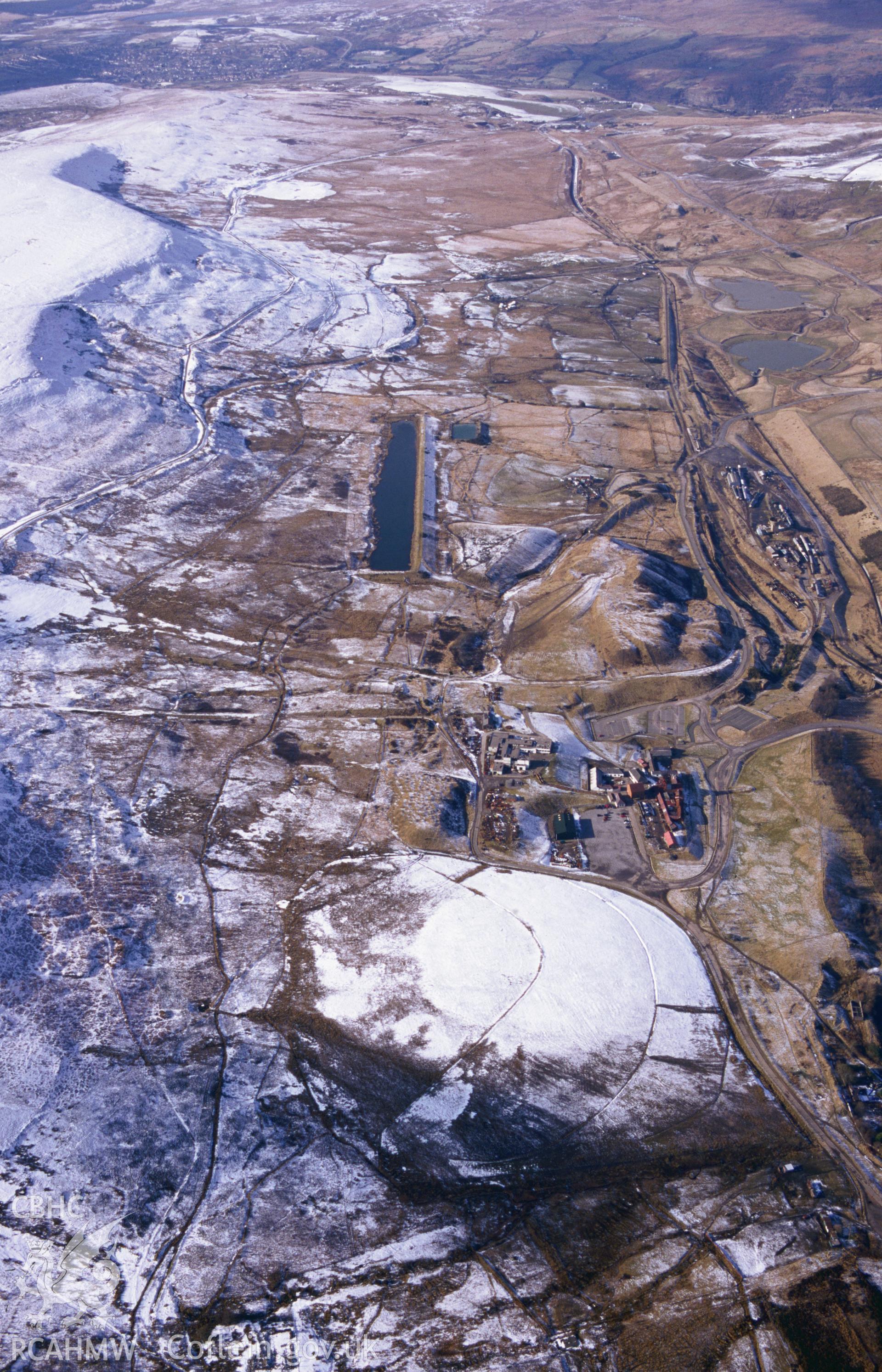 Slide of RCAHMW colour oblique aerial photograph showing a winter landscape view of Big Pit, taken by T.G. Driver, 2001.