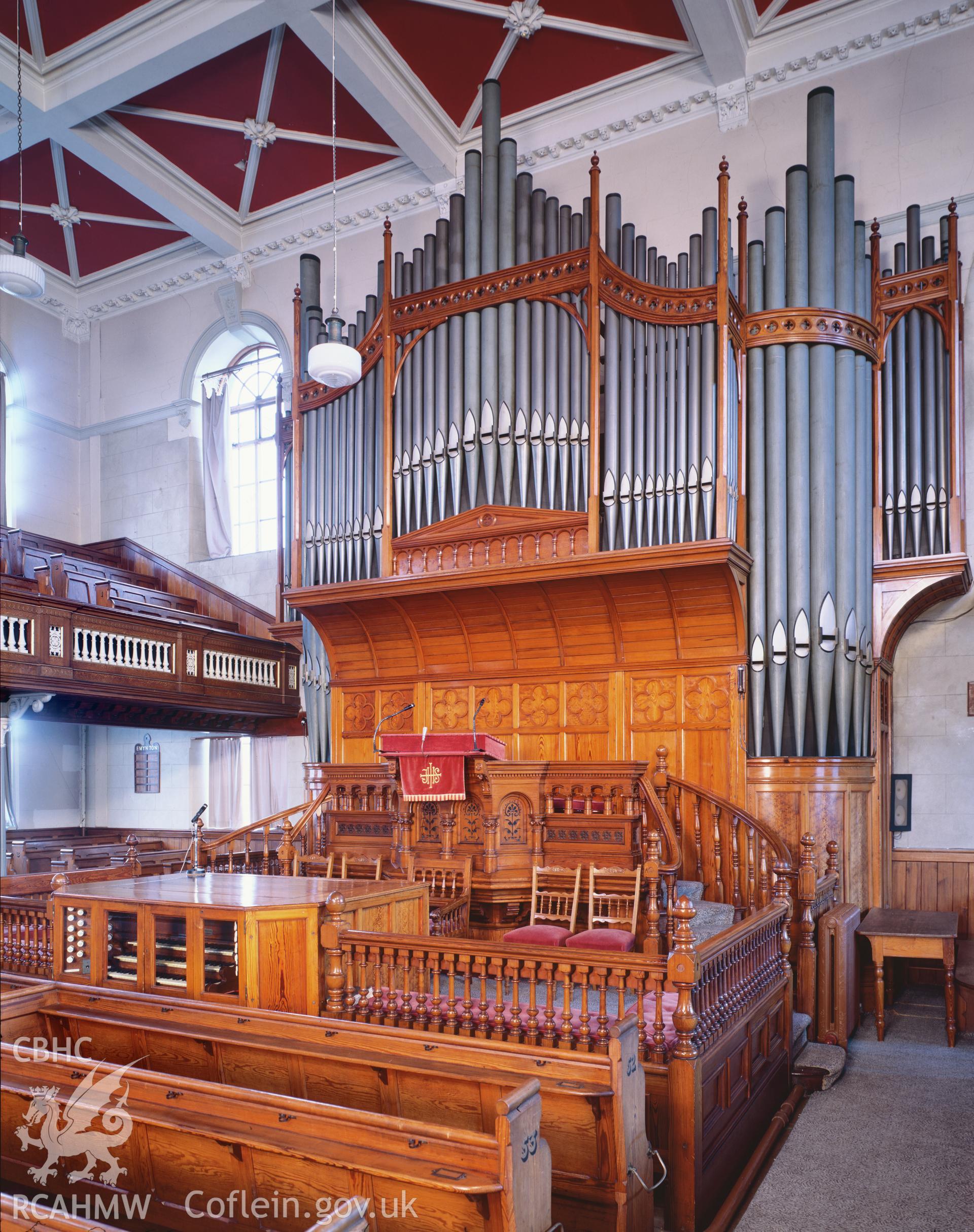 RCAHMW colour transparency showing the organ at Tabernacle Chapel, Aberystwyth, photographed by Iain Wright, 1997.
