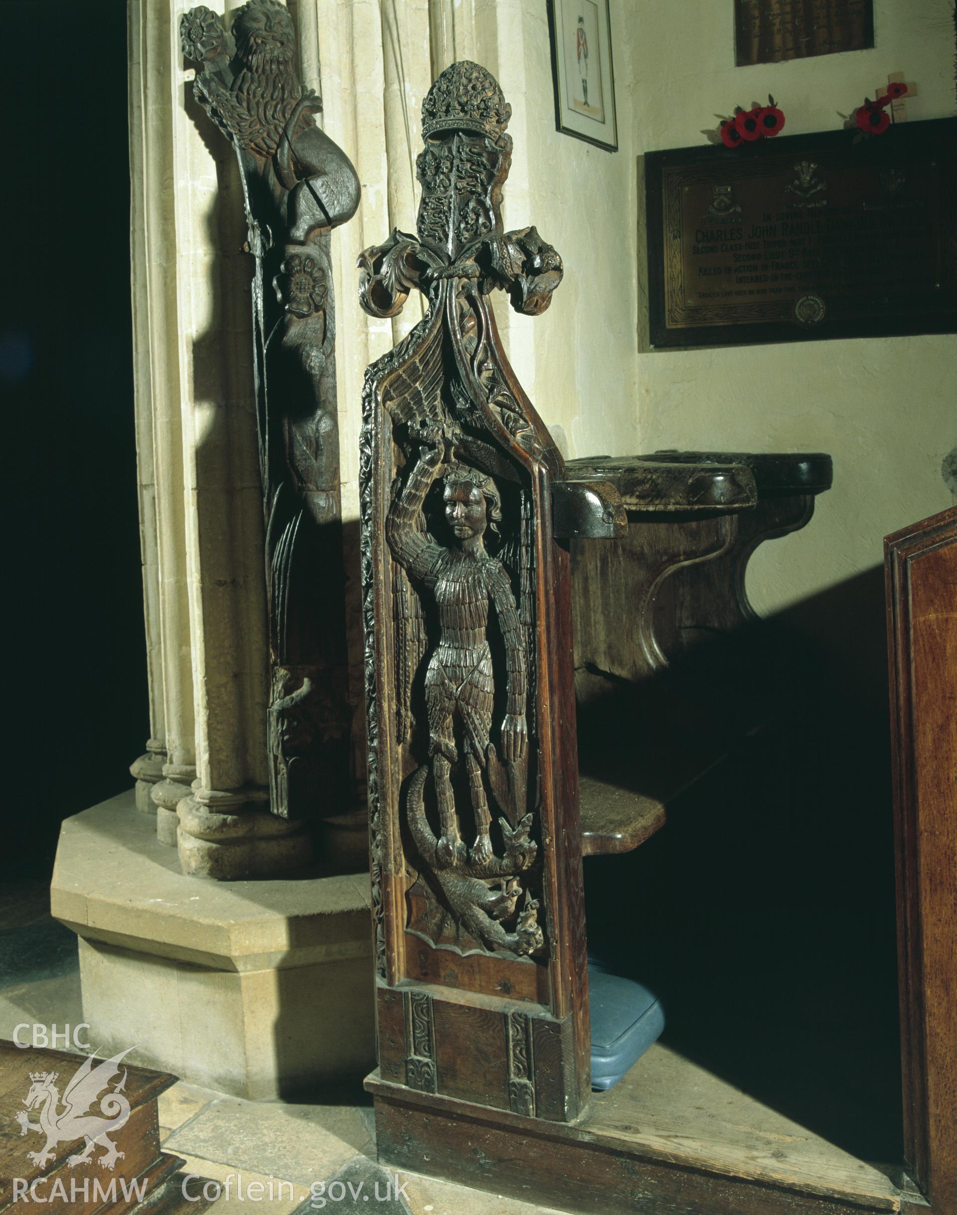 RCAHMW colour transparency showing view of wooden carving at St Mary's Church, Haverfordwest, taken by I.N. Wright, 2003.
