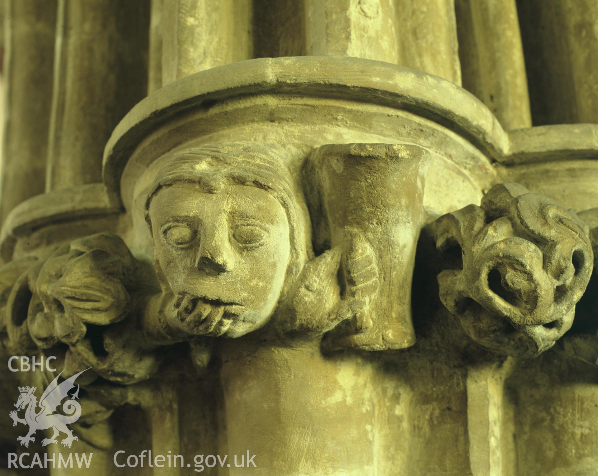 RCAHMW colour transparency showing detail of capital at St Marys Church, Haverfordwest, taken by Iain Wright, 2003.