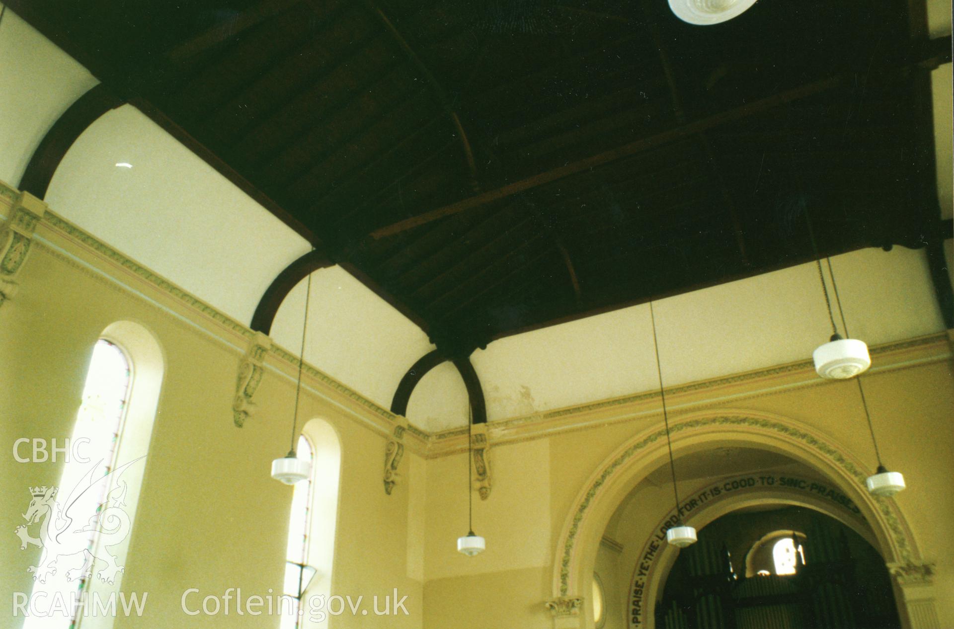 Digital copy of a colour photograph showing an interior view of English Baptist Church, Lammas Street, Carmarthen, taken by Robert Scourfield, 1996.