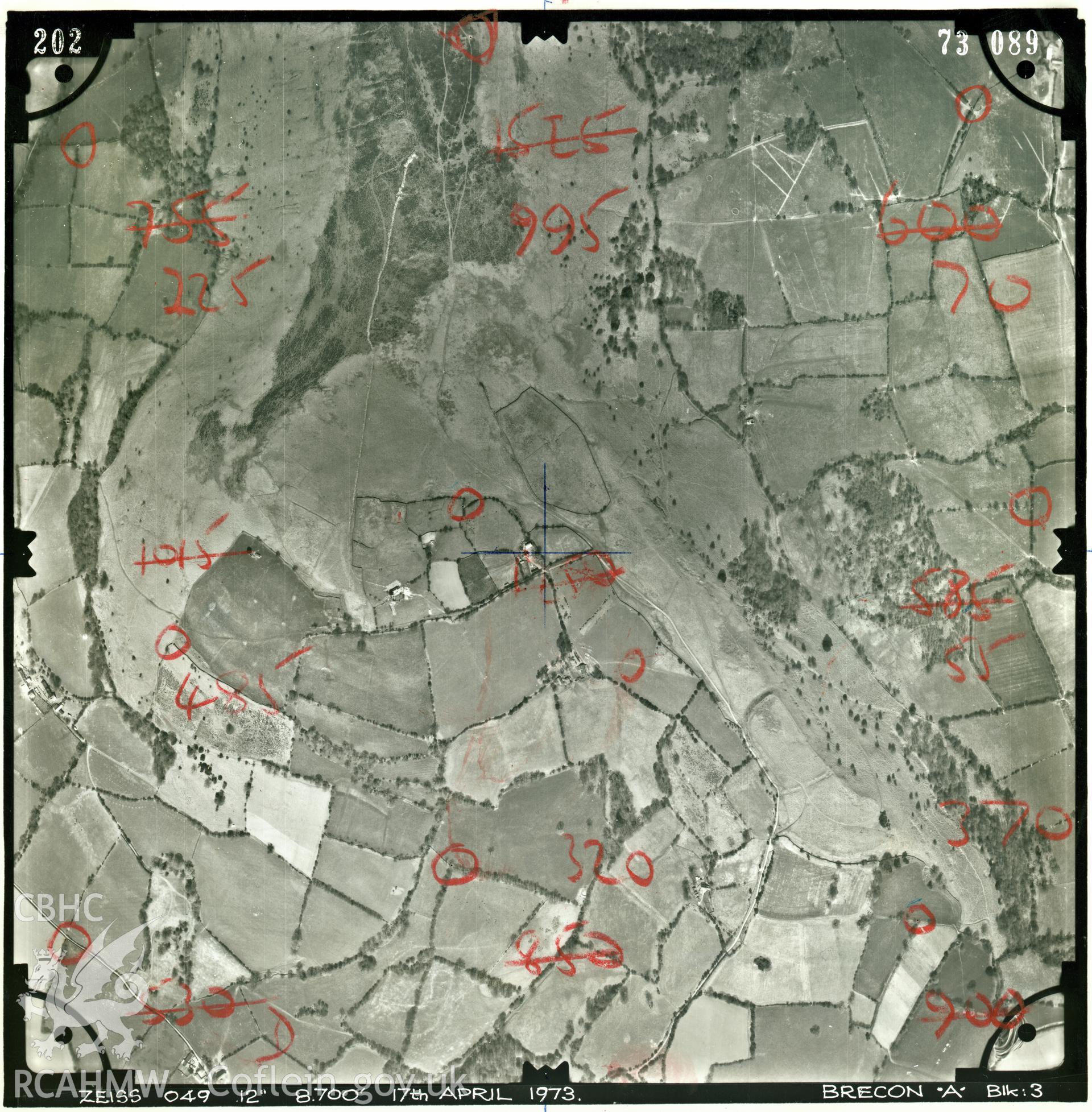 Digitized copy of an aerial photograph showing Llanthony Priory, taken by Ordnance Survey, 1975.